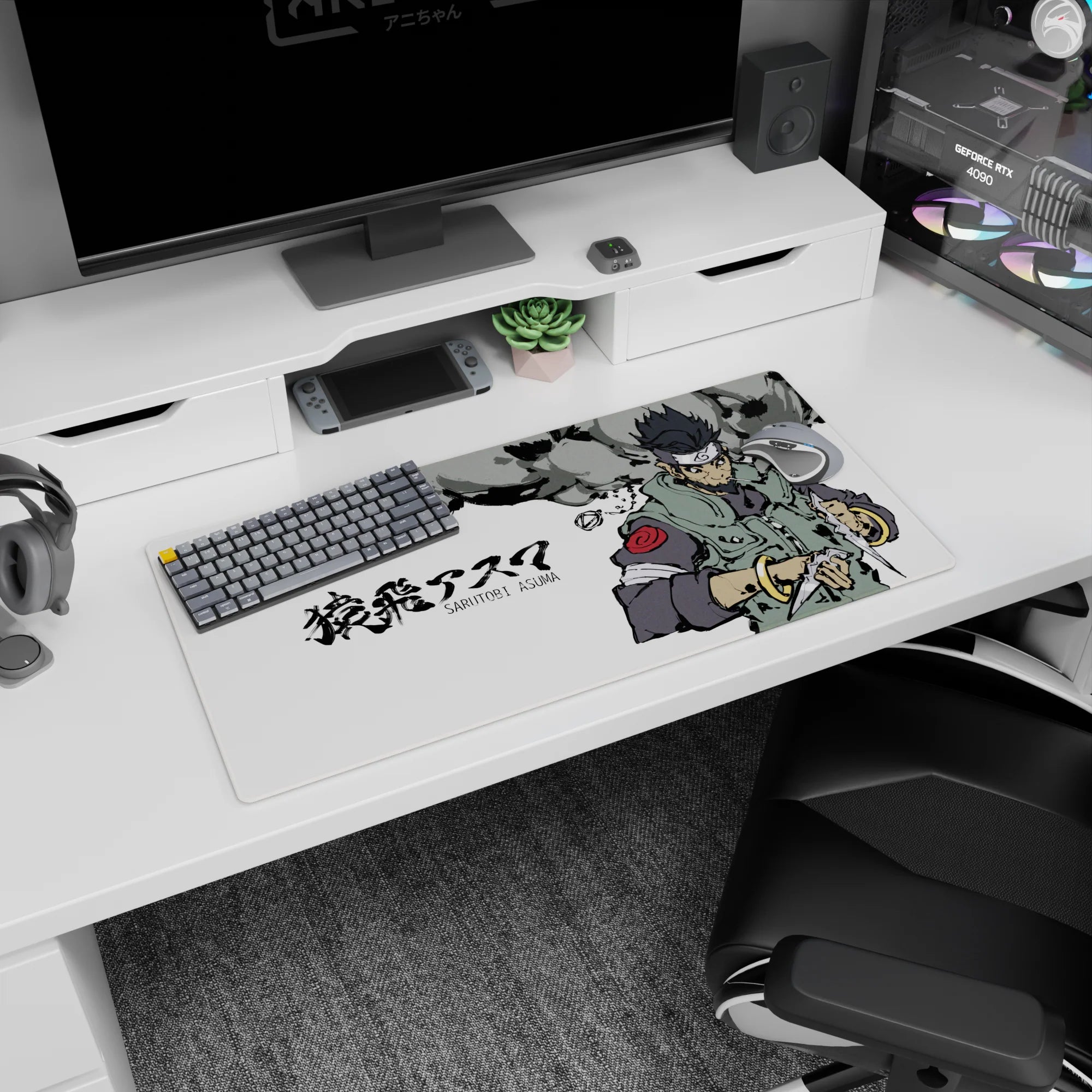 Mouse pad featuring Sarutobi Asuma from Naruto, 32x16 inches. Grunge-style ink textures with sage green and smoky grays.