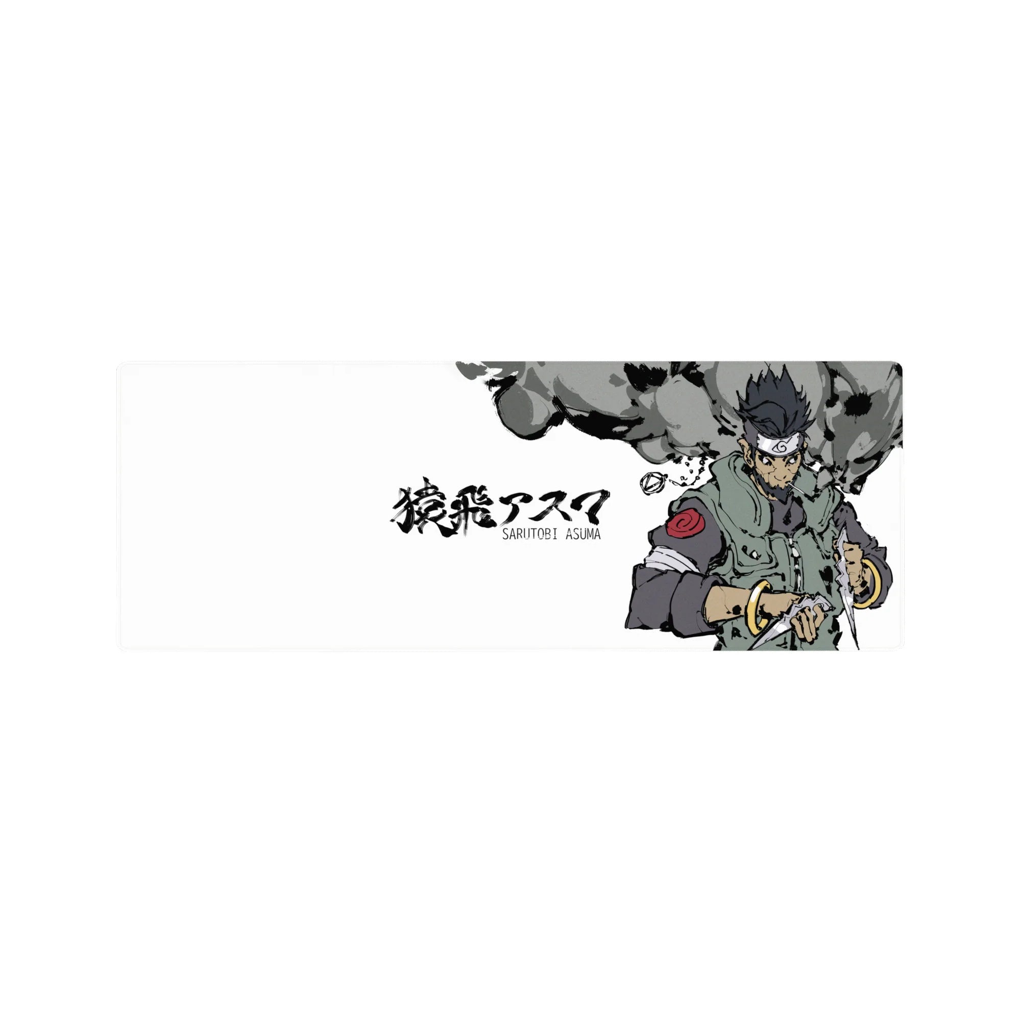 Mouse pad 32x12 inches featuring Sarutobi Asuma from Naruto with grunge-style ink, sage green and smoky gray design.