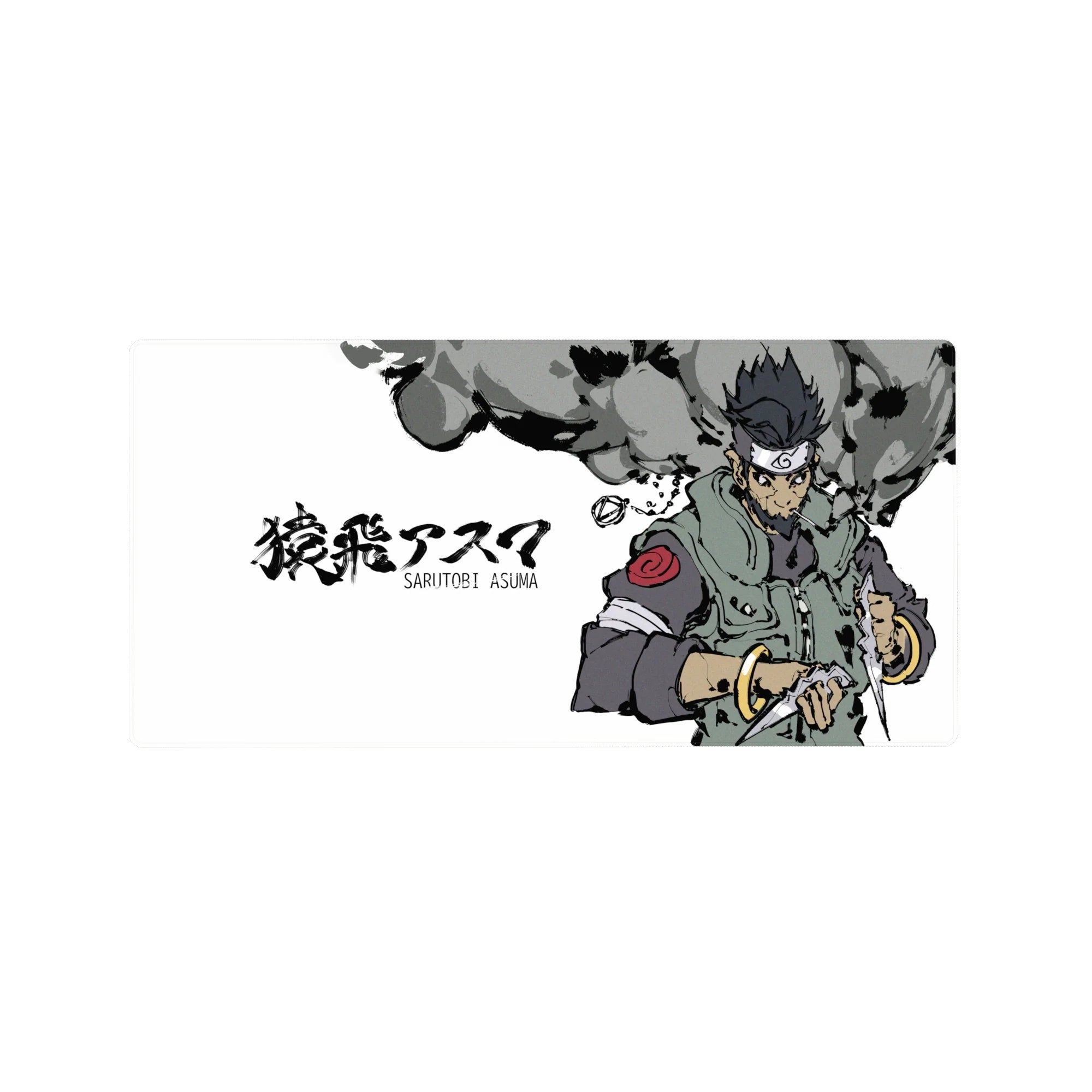 Sarutobi Asuma anime mouse pad 32x16 inches, featuring grunge-style textures, sage green and smoky grays, Naruto design.