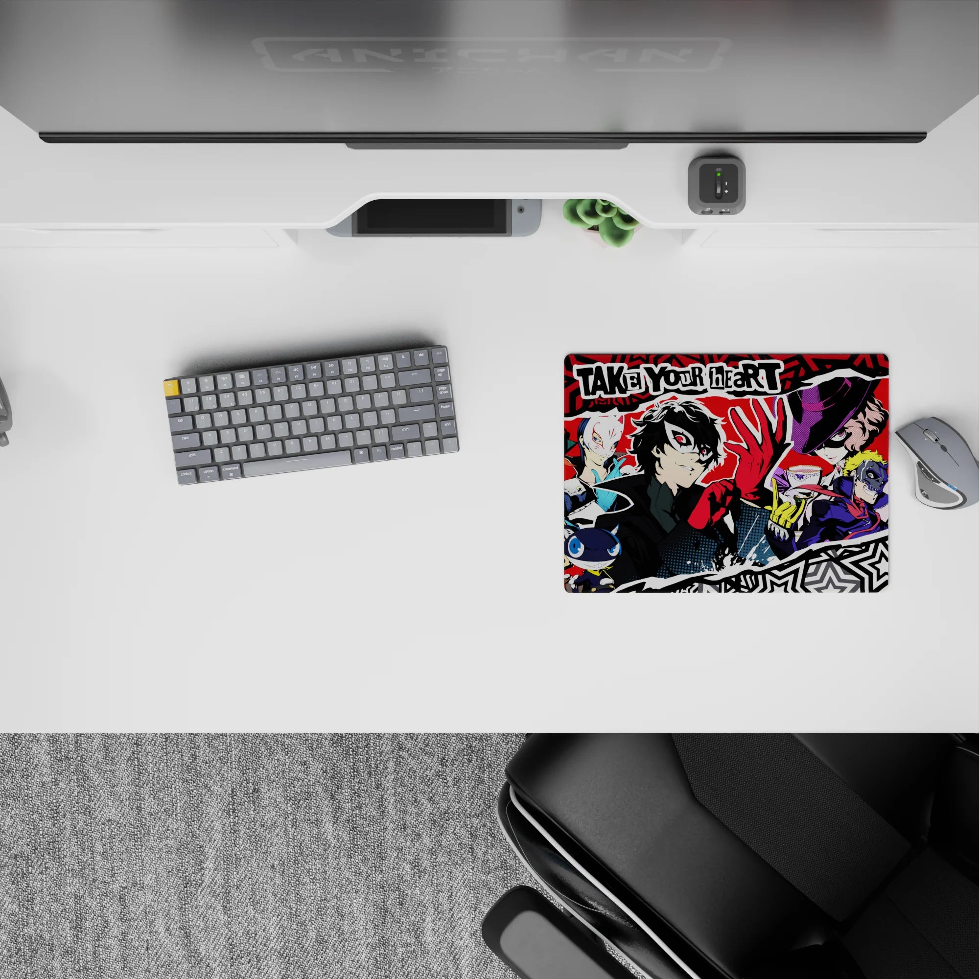 Persona 5 anime mouse pad 14x10 inches featuring Joker and crew, vibrant pop art design with punchy reds and neon outlines.