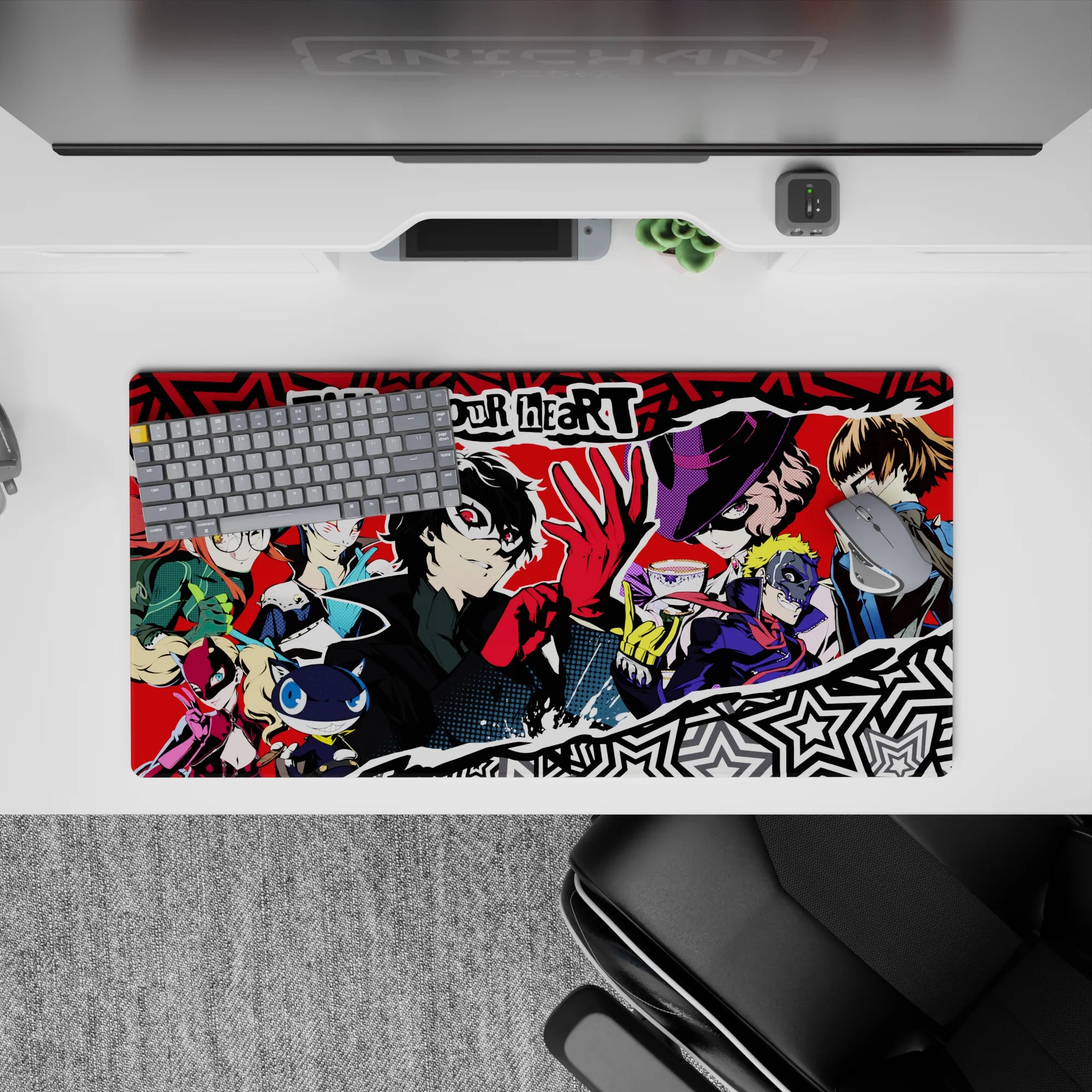 Large 32x16 inches Persona 5 anime mouse pad featuring Joker, Mona, Ann, and Futaba in vibrant pop art style.