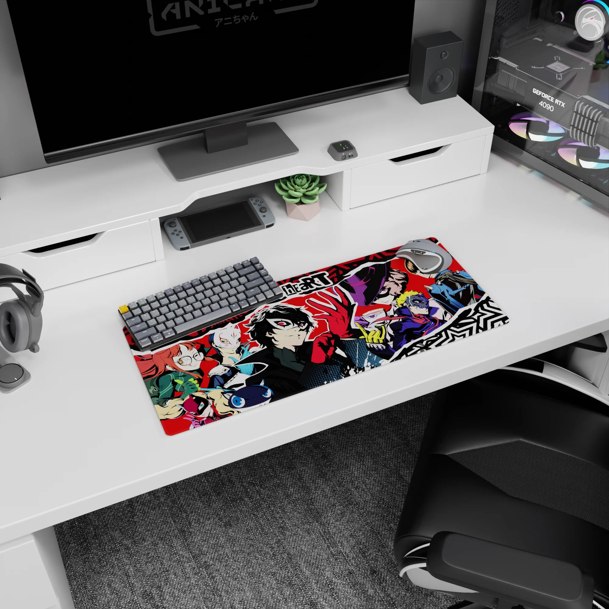Persona 5 mouse pad featuring Joker and crew in vibrant pop art style, size 28x12 inches, perfect for fans.