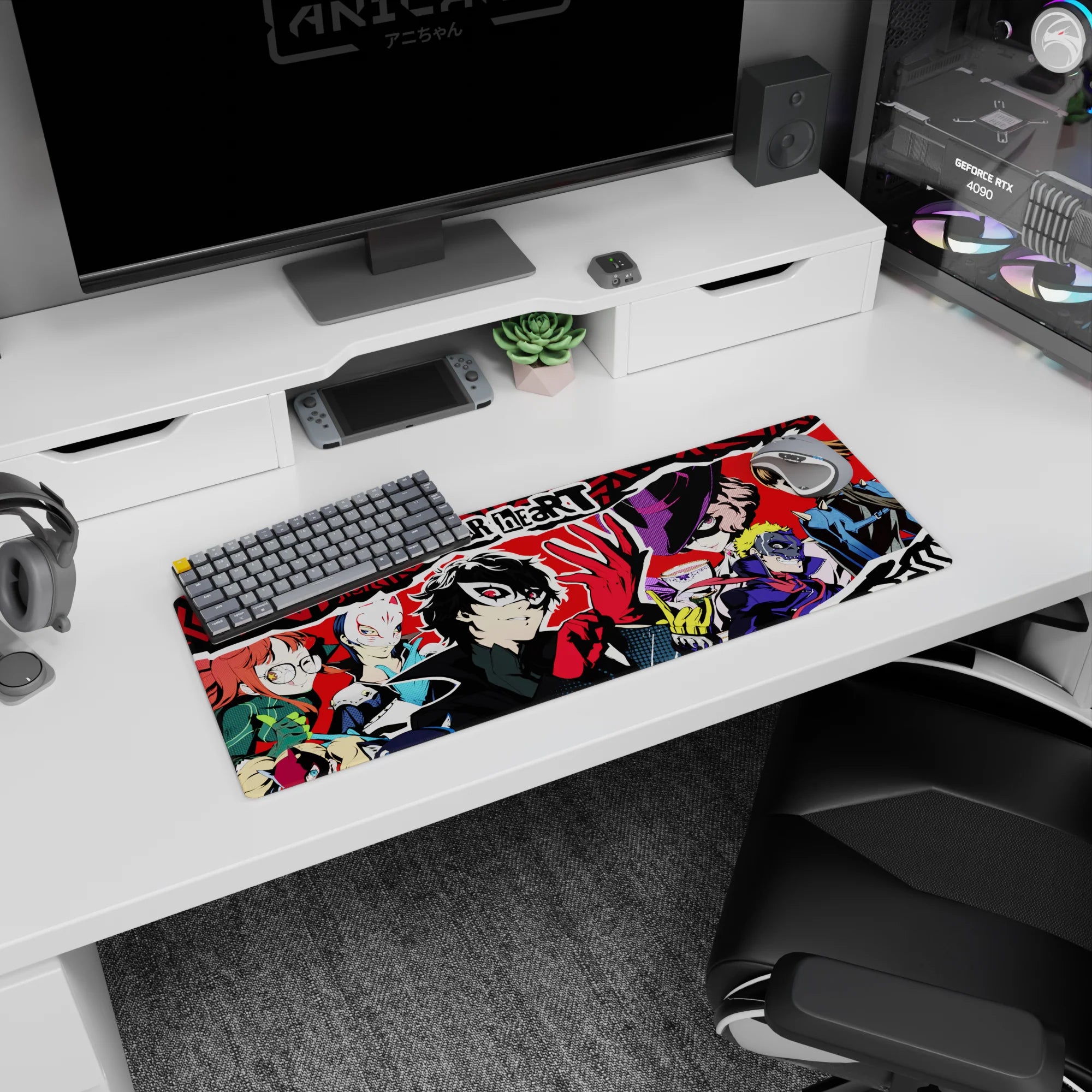 Anime mouse pad 32x12 inches featuring Persona 5&#39;s Joker and crew in vibrant pop art style, perfect for fans.