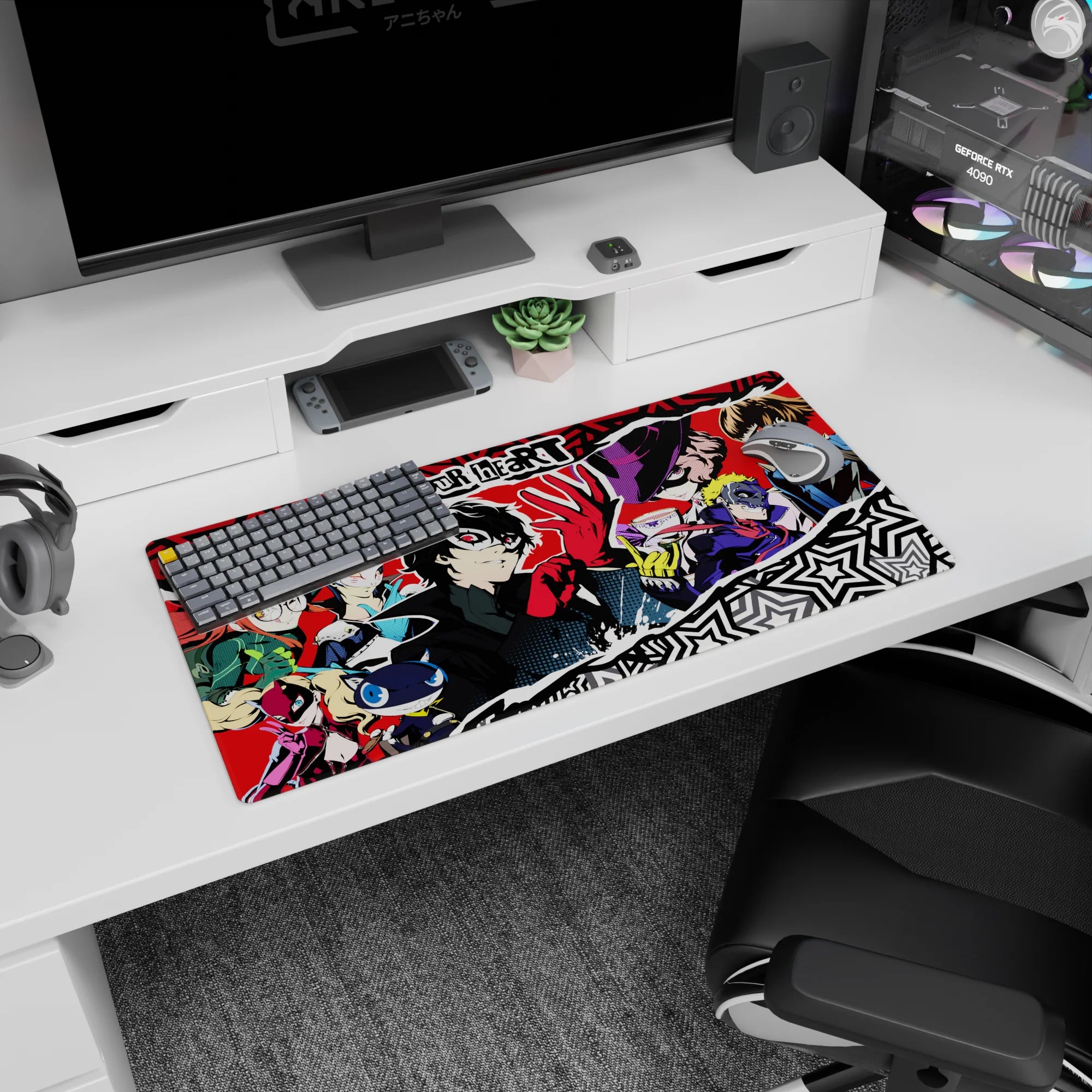 Persona 5 mouse pad, 32x16 inches, featuring Joker and crew with vibrant pop art style, perfect for anime fans.