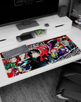 Persona 5 desk pad 36x16 inches featuring Joker and the Phantom Thieves in vibrant pop art style with bold colors.
