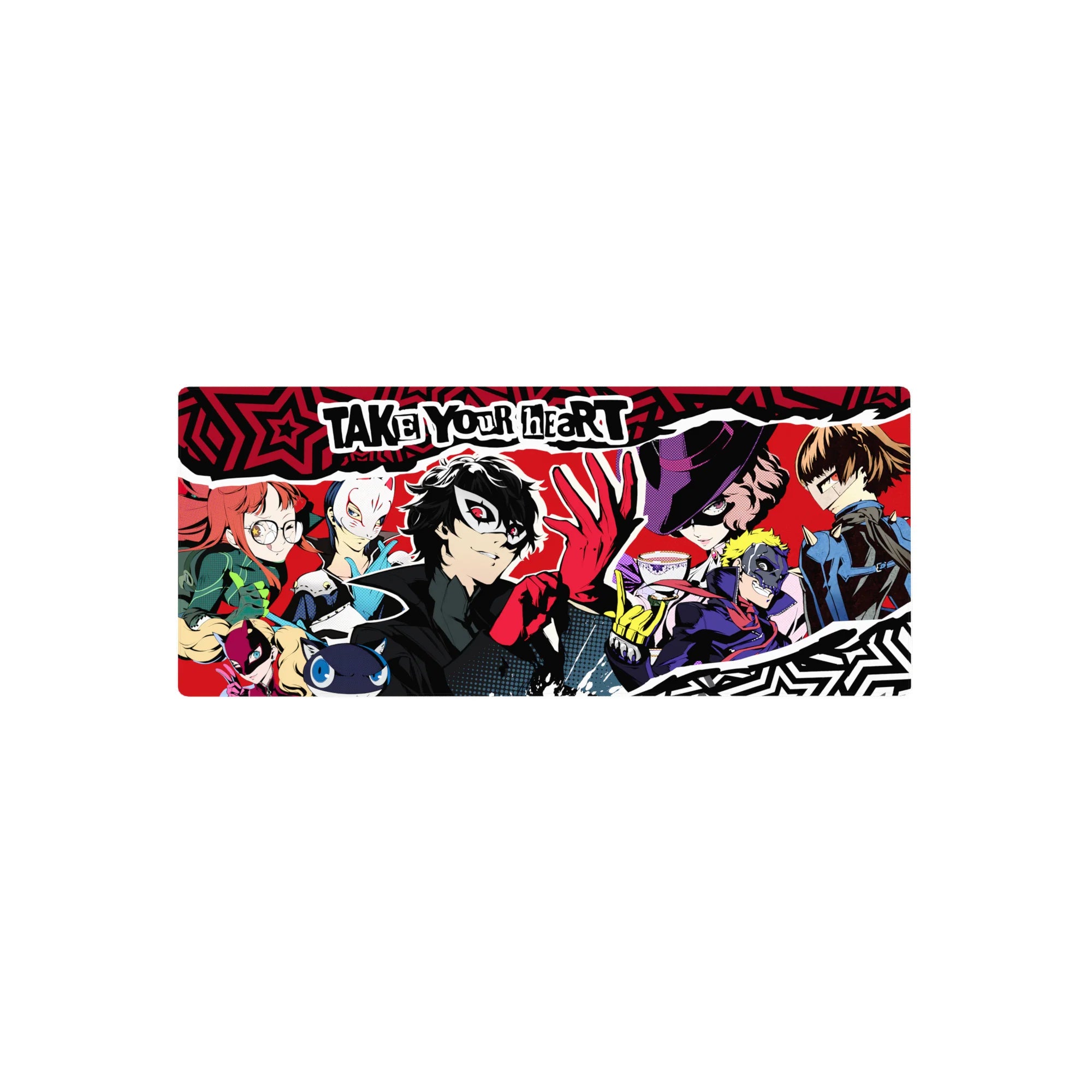 Anime mouse pad featuring Persona 5&#39;s Joker and crew in vibrant pop art style, sized 28x12 inches.