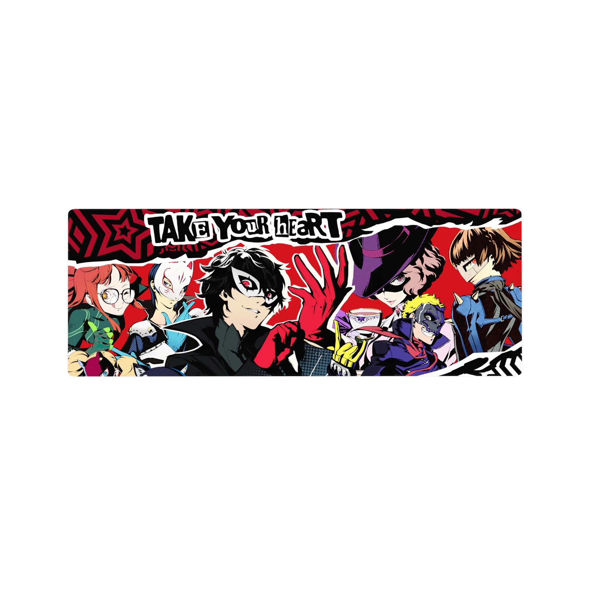 Anime mouse pad featuring Persona 5, 32x12 inches. Joker in front with the squad in vibrant, energetic pop art style.