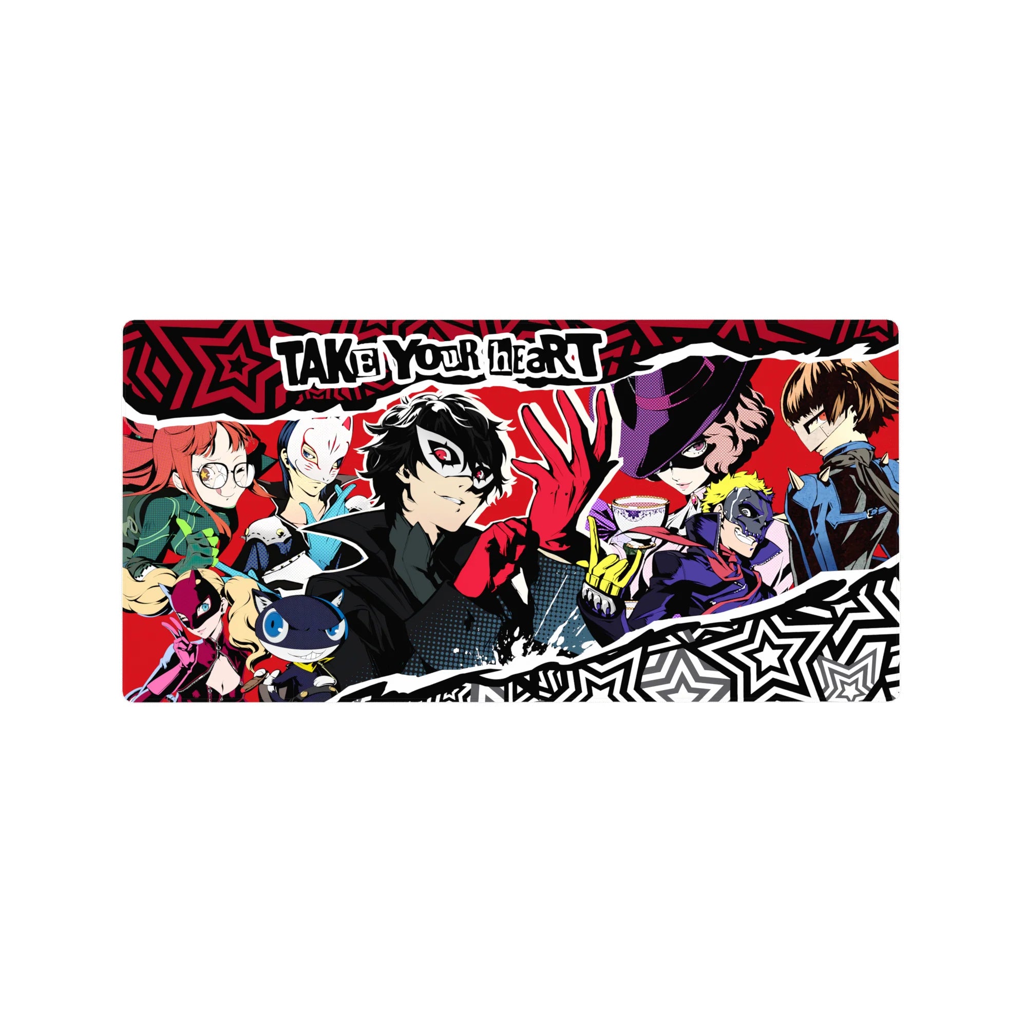 Persona 5 mouse pad 32x16 inches featuring Joker, Mona, Ann, and Futaba with vibrant pop art and Phantom Thief flair.