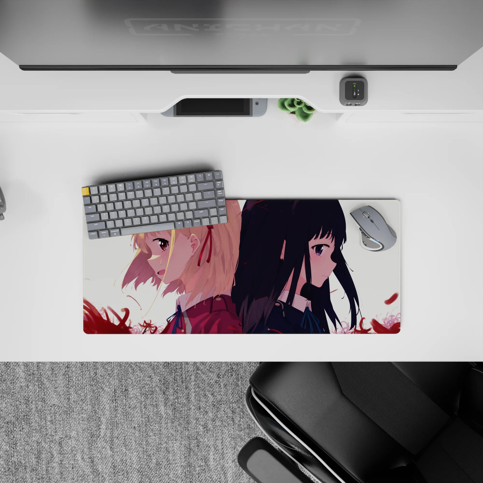 Moody romance anime mouse pad 28x12 inches in soft cream light with drifting crimson petals.