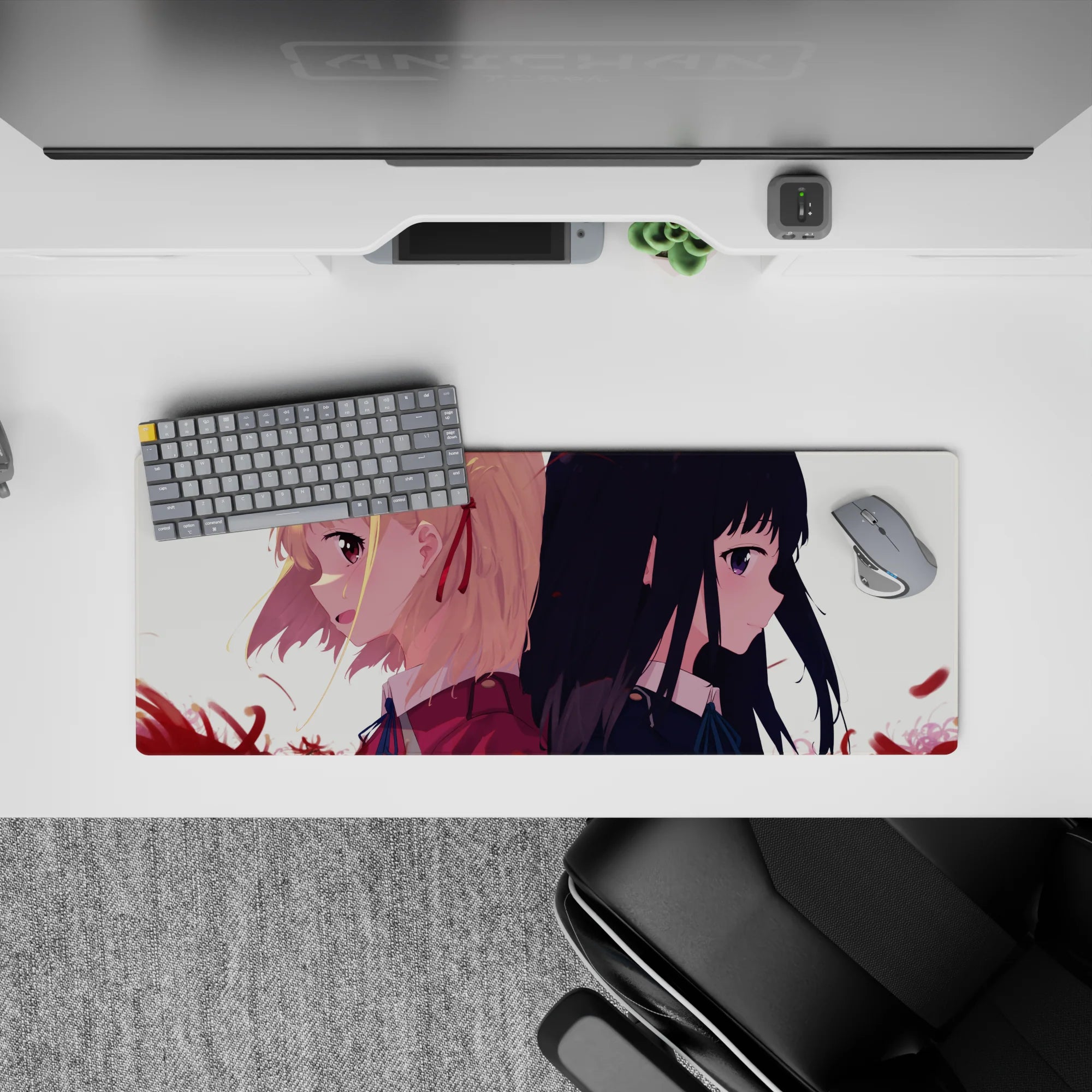 Moody cream glow and crimson petals on an anime girl mouse pad 32x12 inches, romantic dramatic vibe.