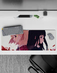 Moody cream glow and crimson petals on an anime girl mouse pad 32x12 inches, romantic dramatic vibe.
