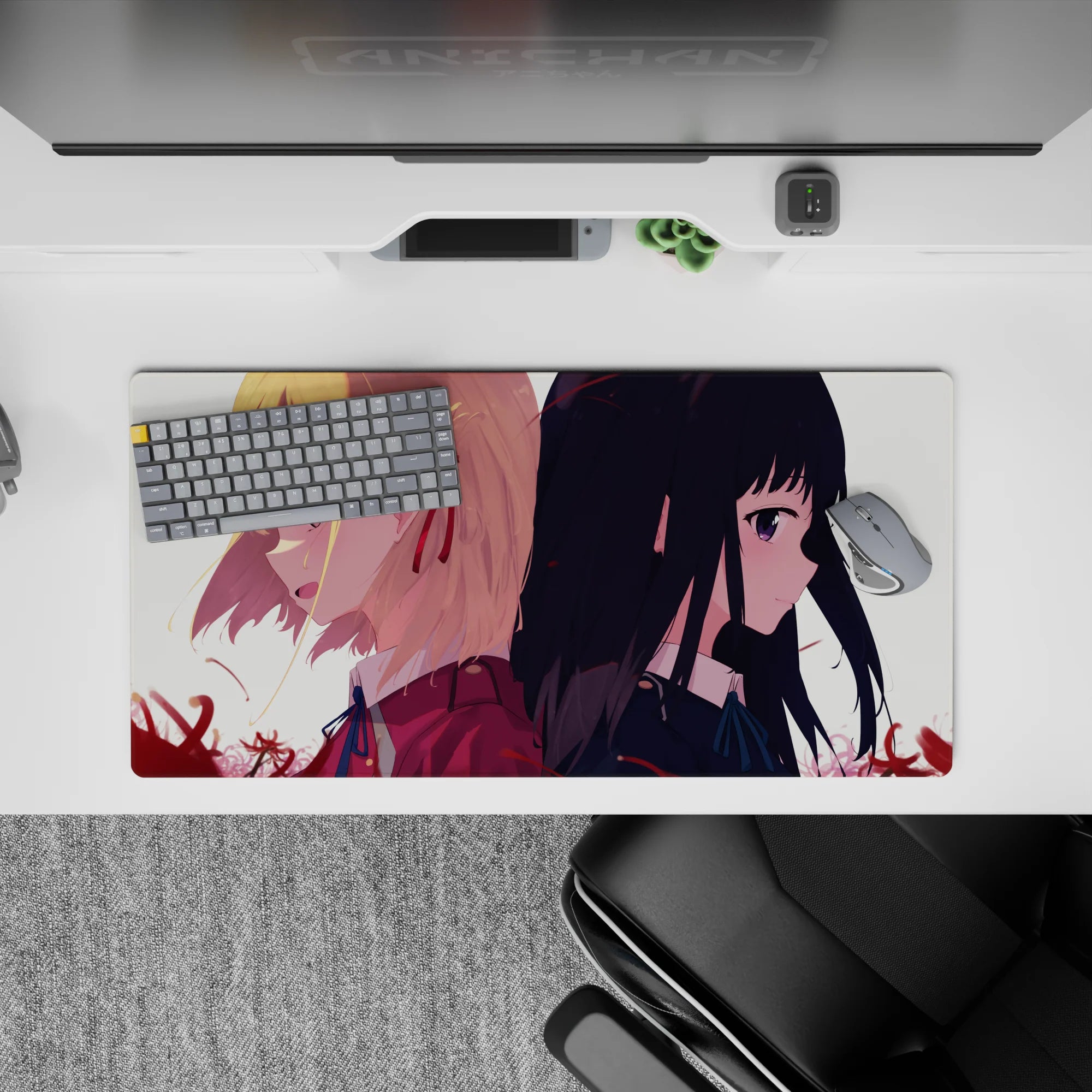 32x16 inches anime girl mouse pad in soft cream light with crimson petals, moody romantic vibe.