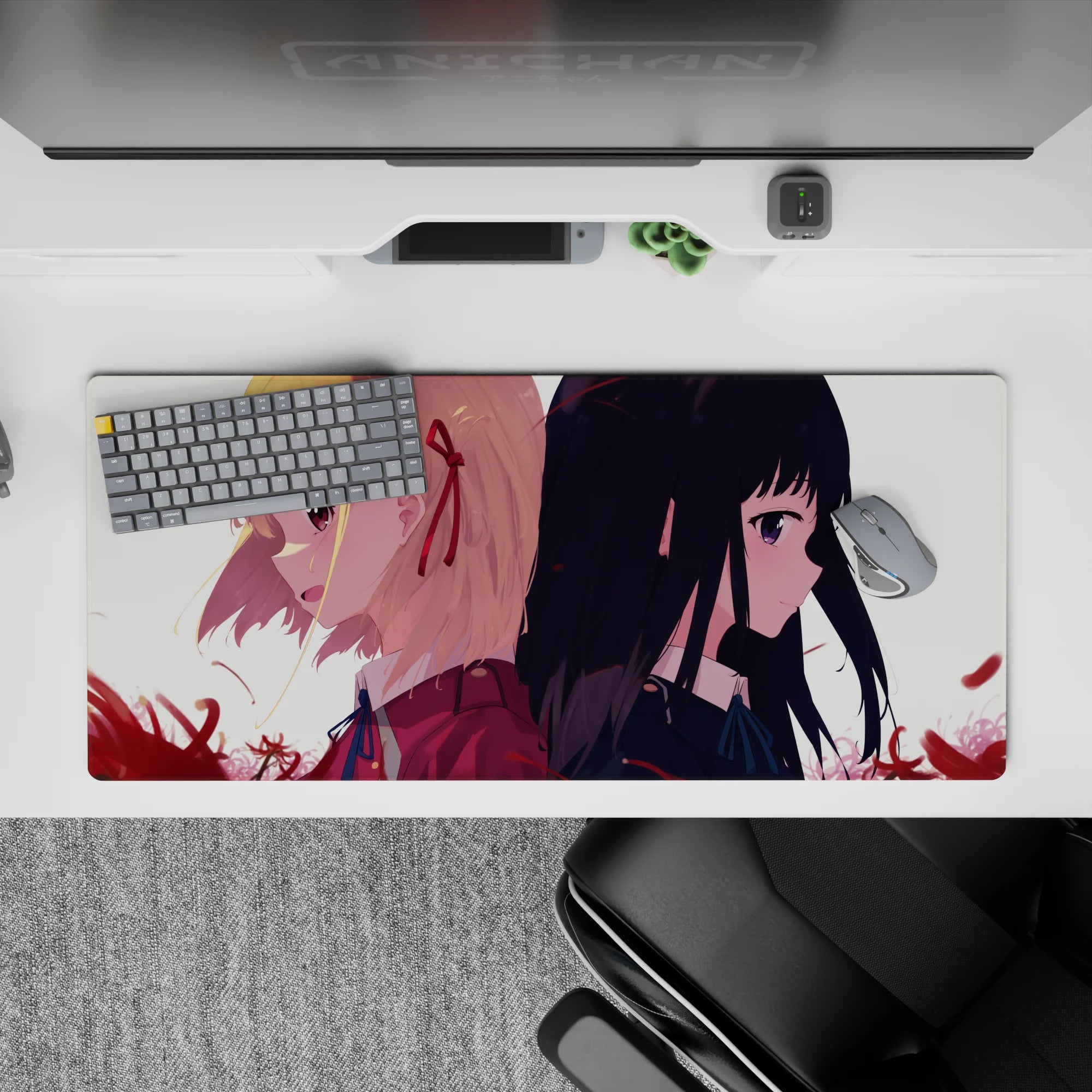 Moody romance anime desk pad 36x16 inches in soft cream light with drifting crimson petals, violet gaze.