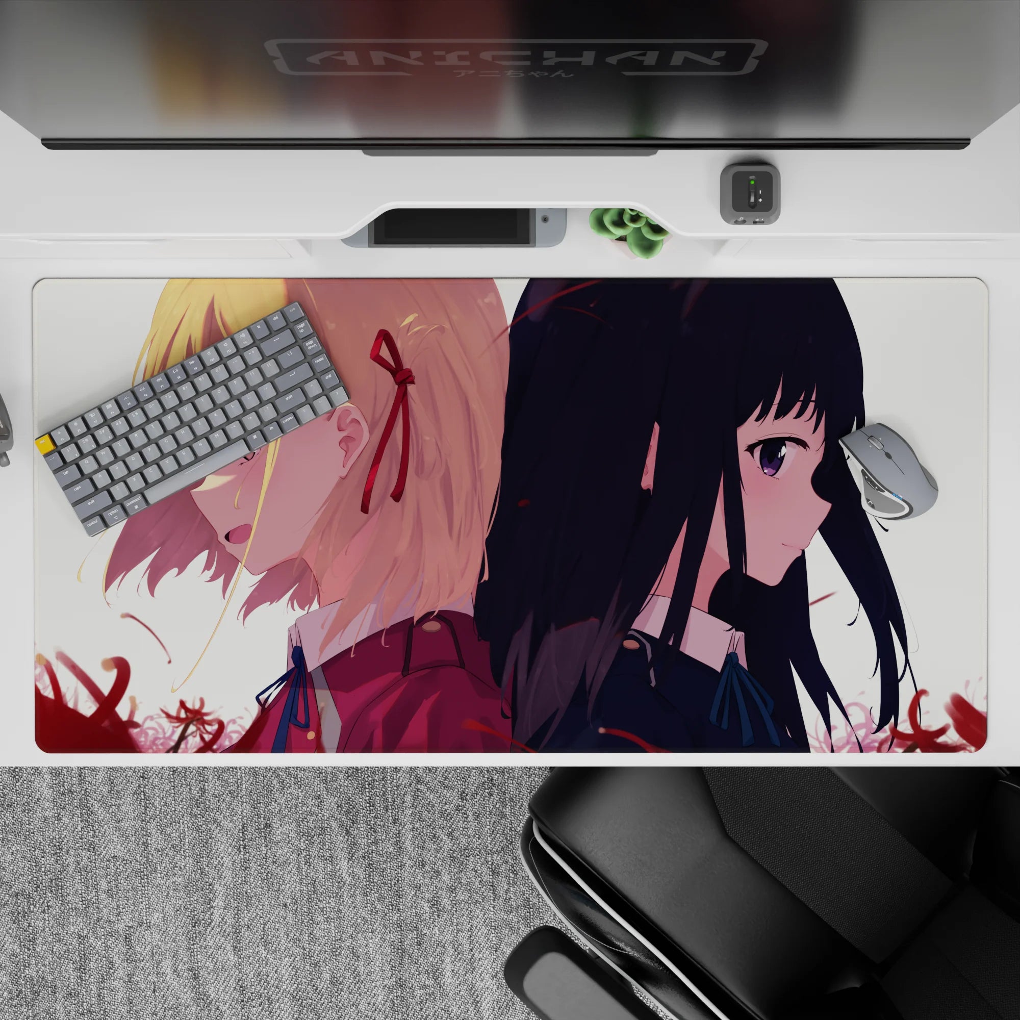 Moody romance anime desk pad 40x20 inches in cream light, crimson petals, violet eyes.