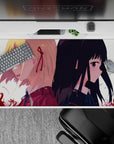 Moody romance anime desk pad 40x20 inches in cream light, crimson petals, violet eyes.