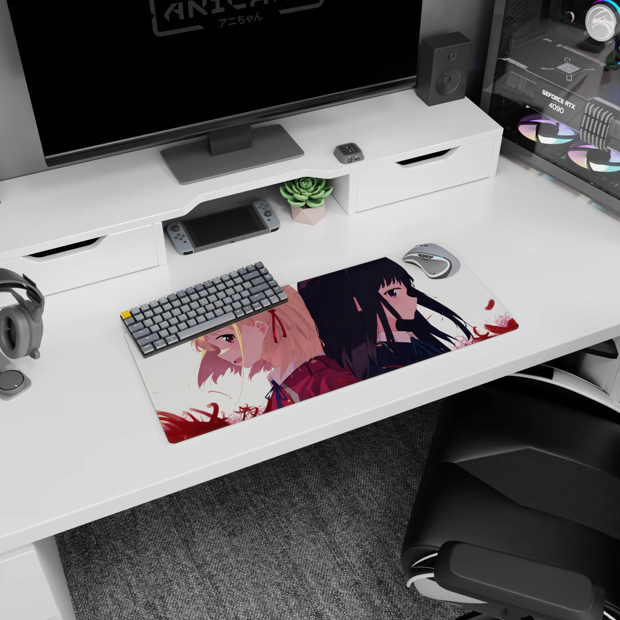 28x12 inches anime girl mouse pad featuring blonde with red ribbon and black-haired girl with violet eyes.