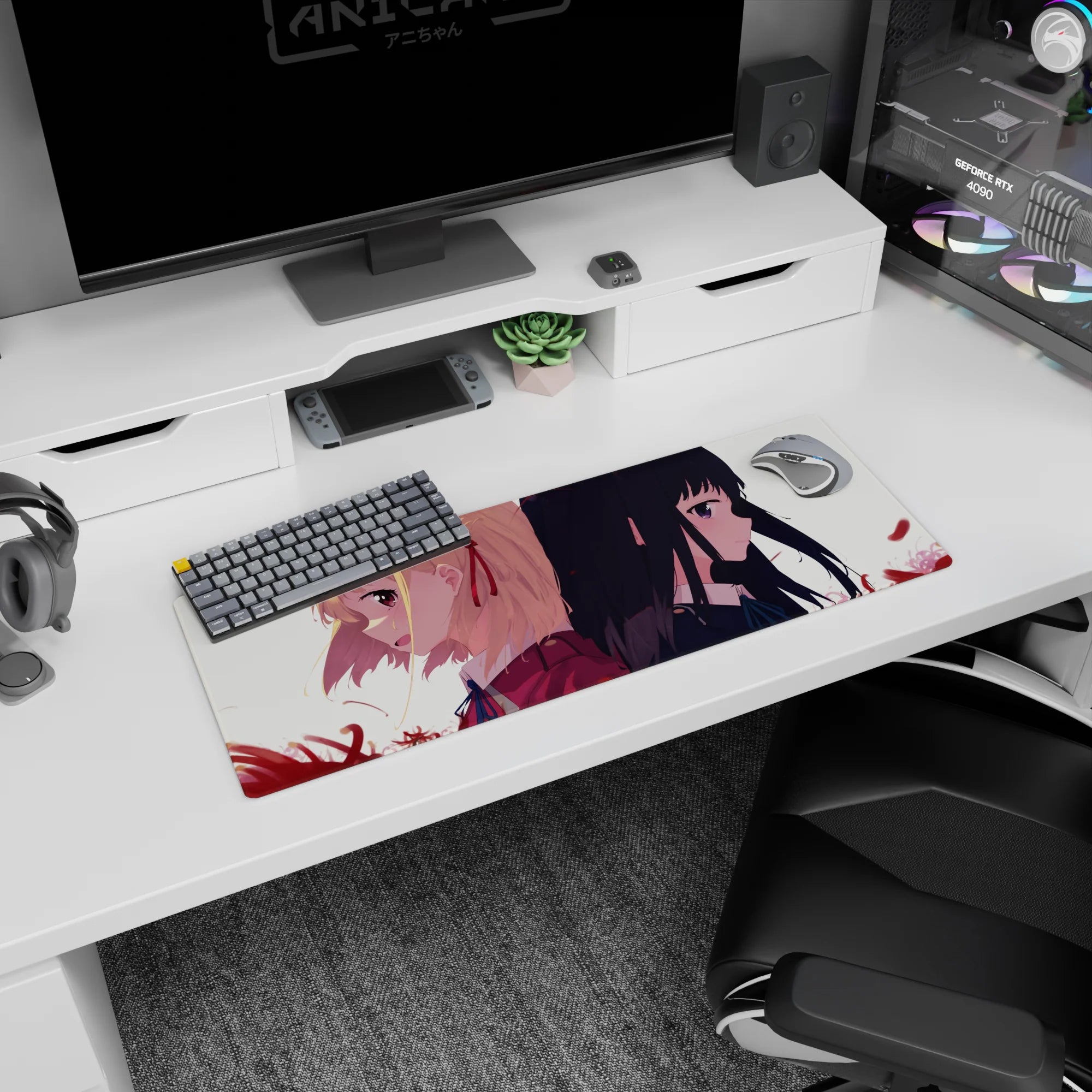 Two anime schoolgirls back to back—blonde with red ribbon and black-haired violet eyes—mouse pad 32x12 inches.