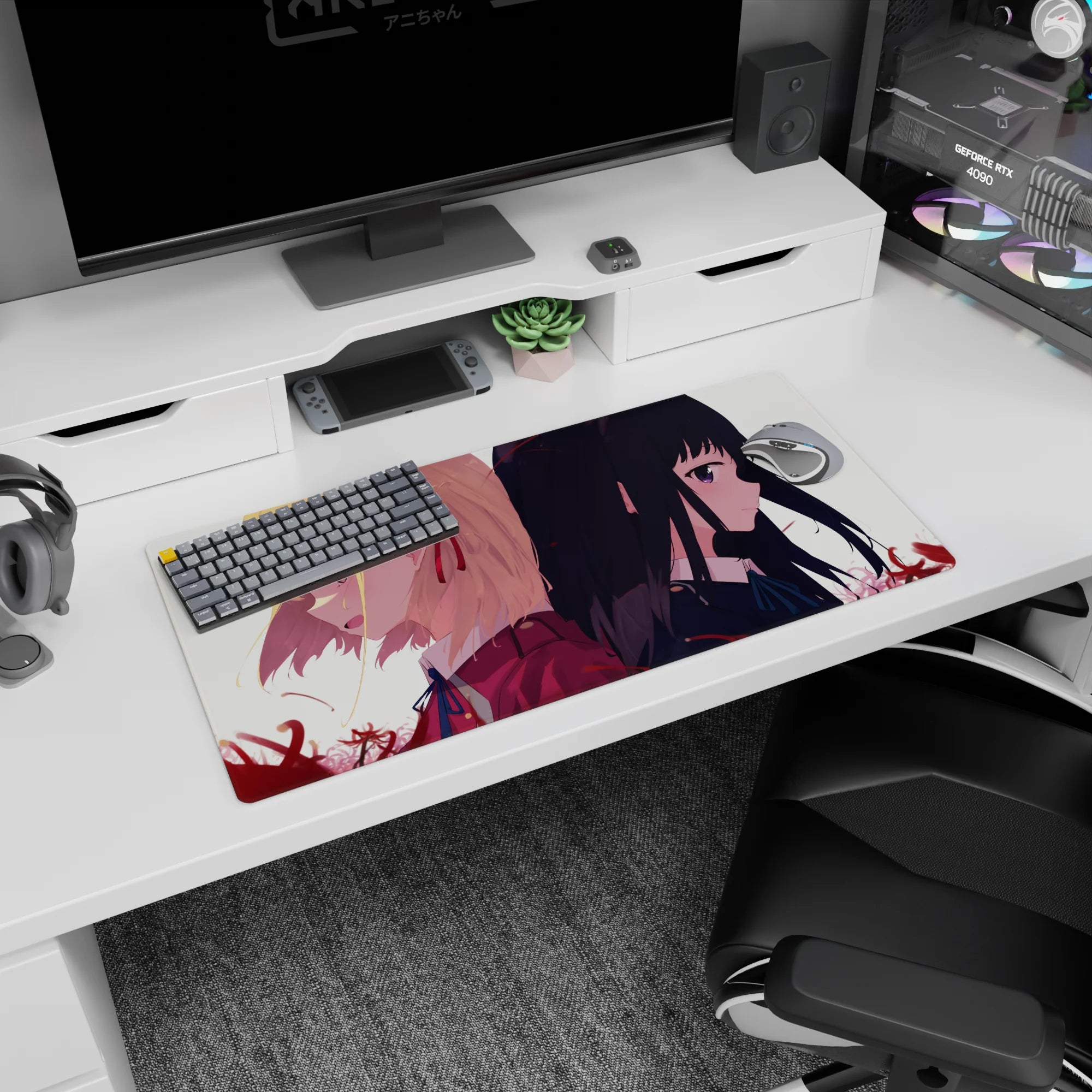 32x16 inches anime girl mouse pad featuring blonde girl with red ribbon and black-haired girl with violet eyes.
