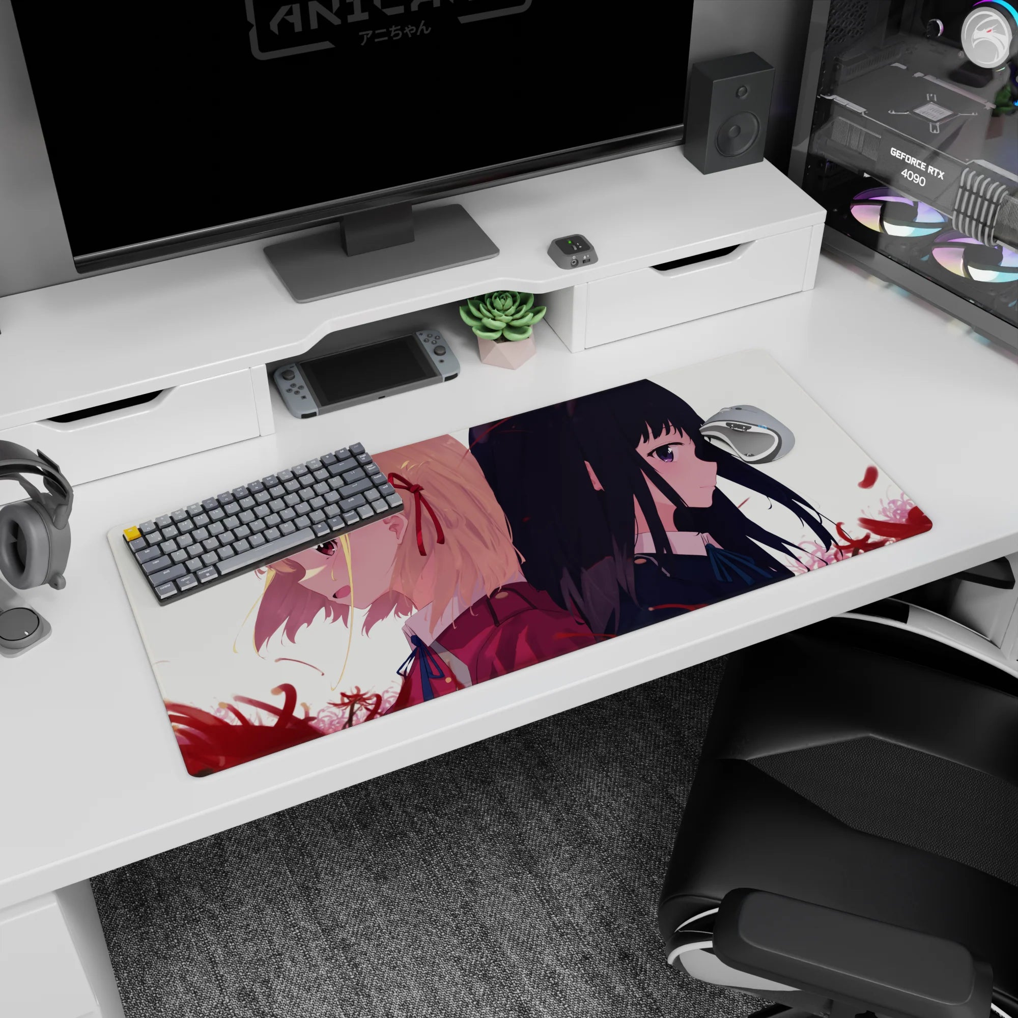 Two anime schoolgirls back-to-back desk pad 36x16 inches, blonde with red ribbon and black hair, violet eyes.
