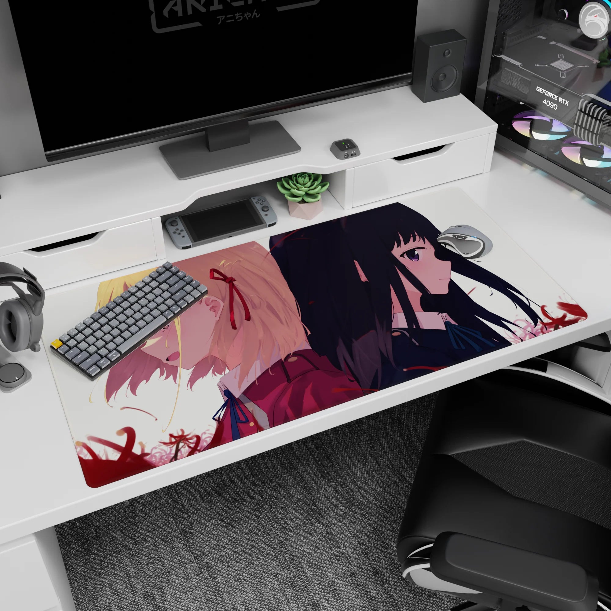 Two anime schoolgirls back-to-back desk pad 40x20 inches, blonde with red ribbon and black hair.