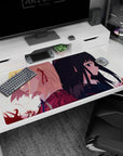 Two anime schoolgirls back-to-back desk pad 40x20 inches, blonde with red ribbon and black hair.