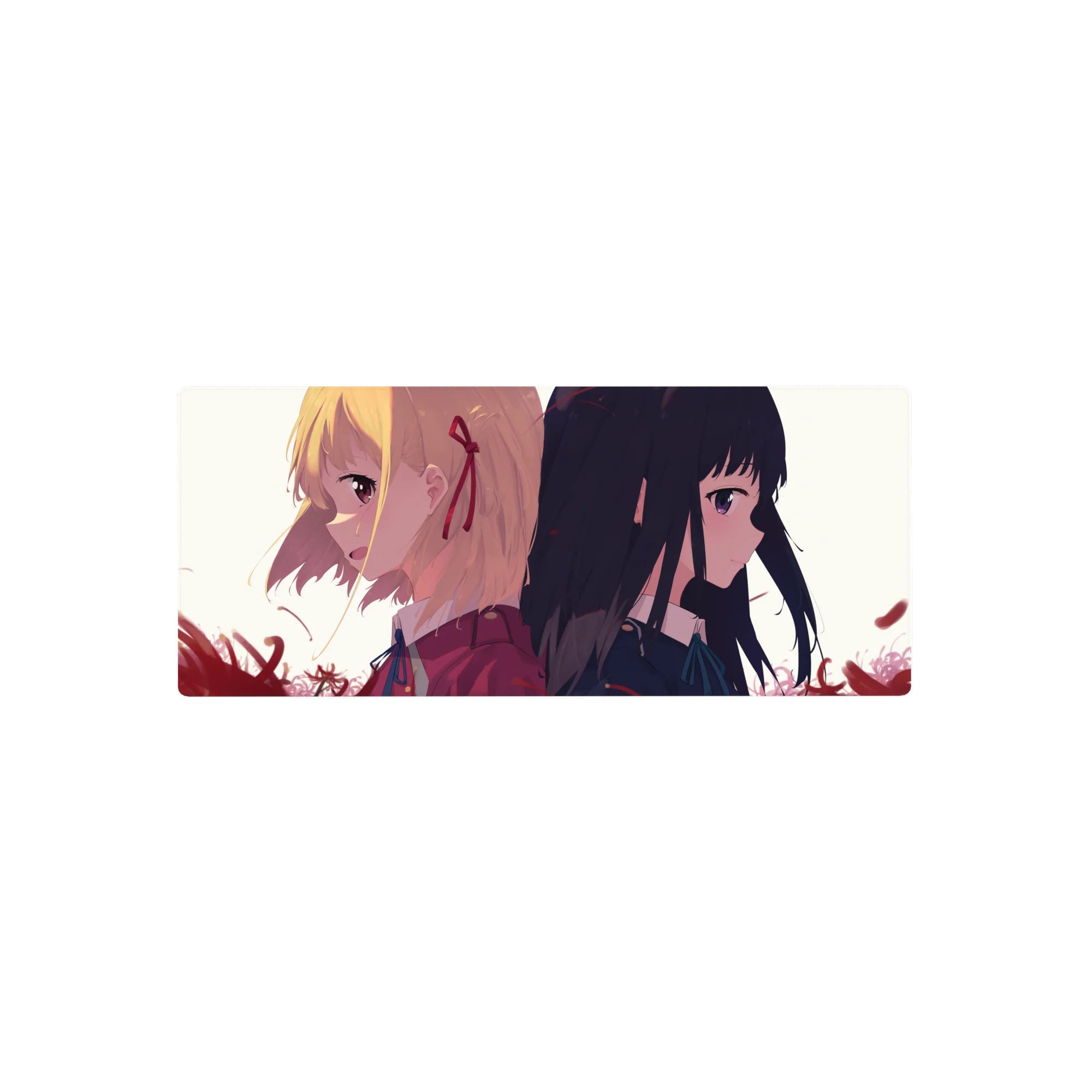 Anime girl mouse pad 28x12 inches with two schoolgirls back to back, ribbons, ties, and petals.