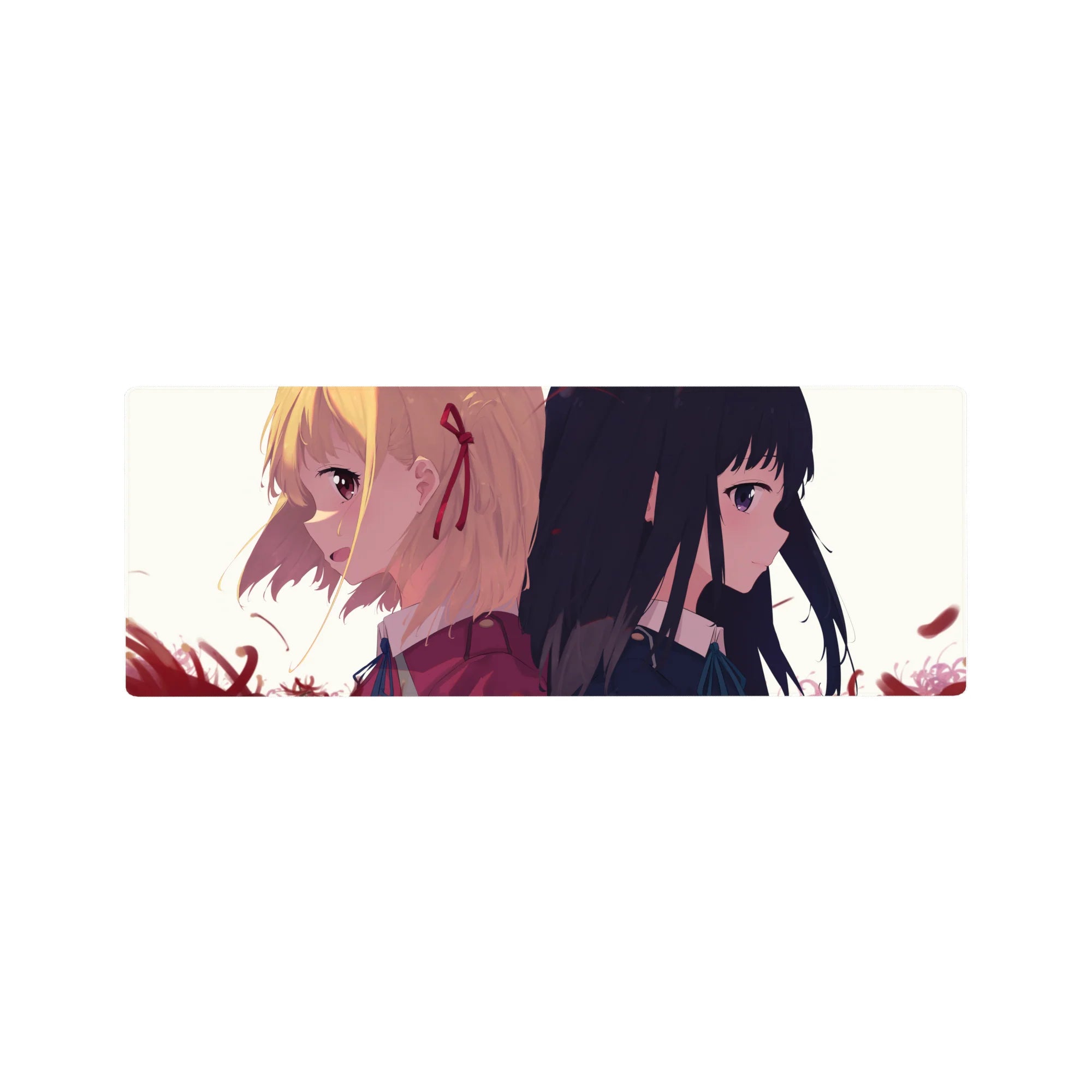 Anime girl mouse pad 32x12 inches with two schoolgirls back to back, crisp collars, petals, clean line art.