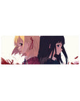 Anime girl mouse pad 32x12 inches with two schoolgirls back to back, crisp collars, petals, clean line art.