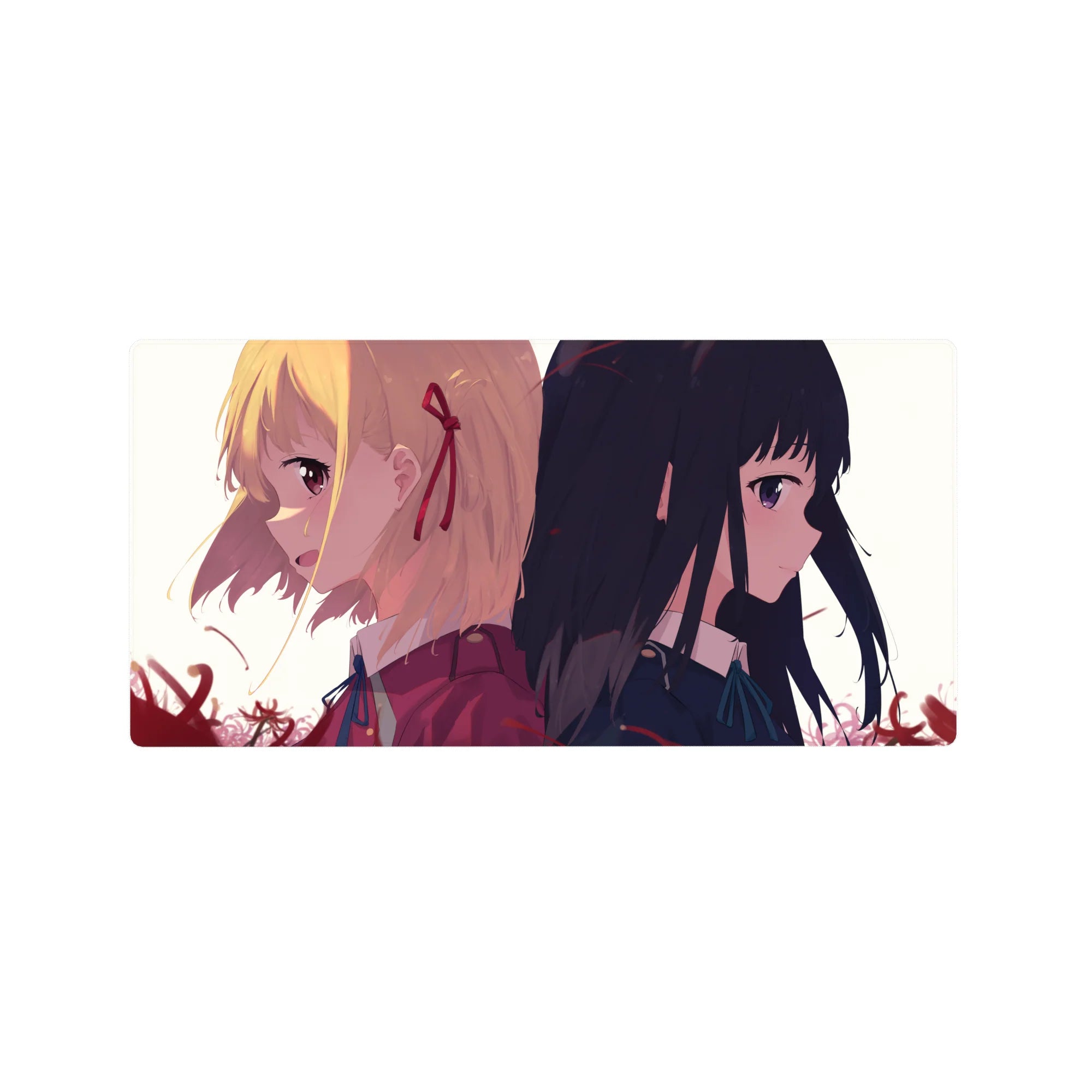 32x16 inches anime girl mouse pad with two schoolgirls back to back, crisp collars, drifting petals.