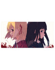 32x16 inches anime girl mouse pad with two schoolgirls back to back, crisp collars, drifting petals.