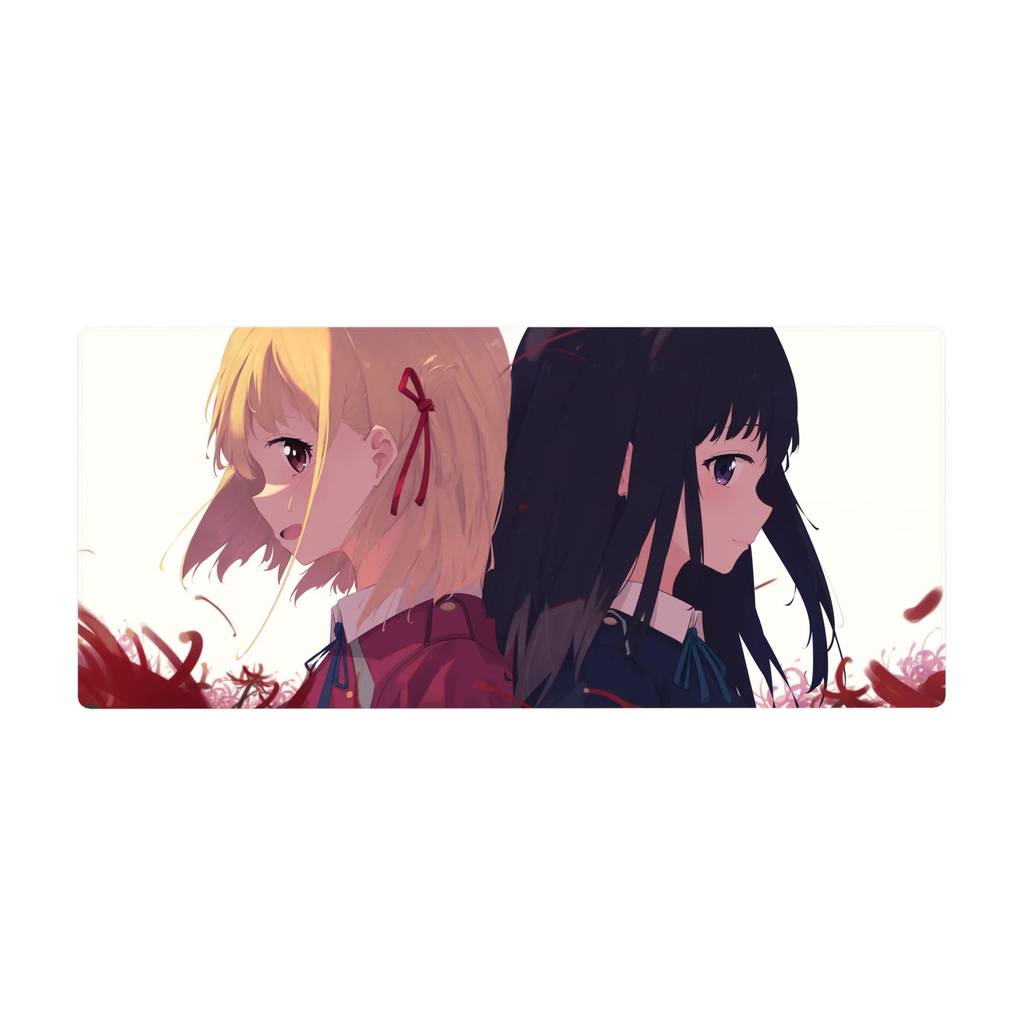 Anime girl desk pad 36x16 inches with two schoolgirls back to back, ribbons and ties, clean sharp art.