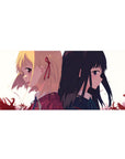 Anime girl desk pad 36x16 inches with two schoolgirls back to back, ribbons and ties, clean sharp art.