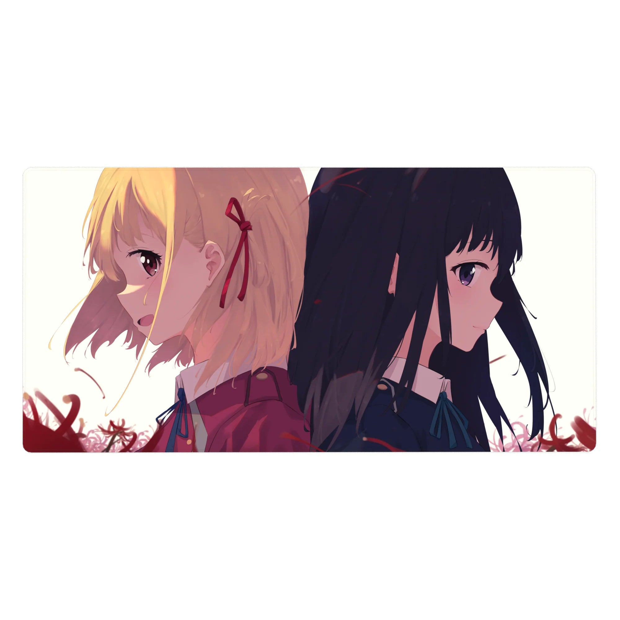 Anime girl desk pad 40x20 inches with two schoolgirls back to back, crisp collars, red petals.