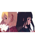 Anime girl desk pad 40x20 inches with two schoolgirls back to back, crisp collars, red petals.