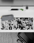 32x12 inches anime mouse pad in stark black-and-white inks, high-contrast hype mood and chaos.
