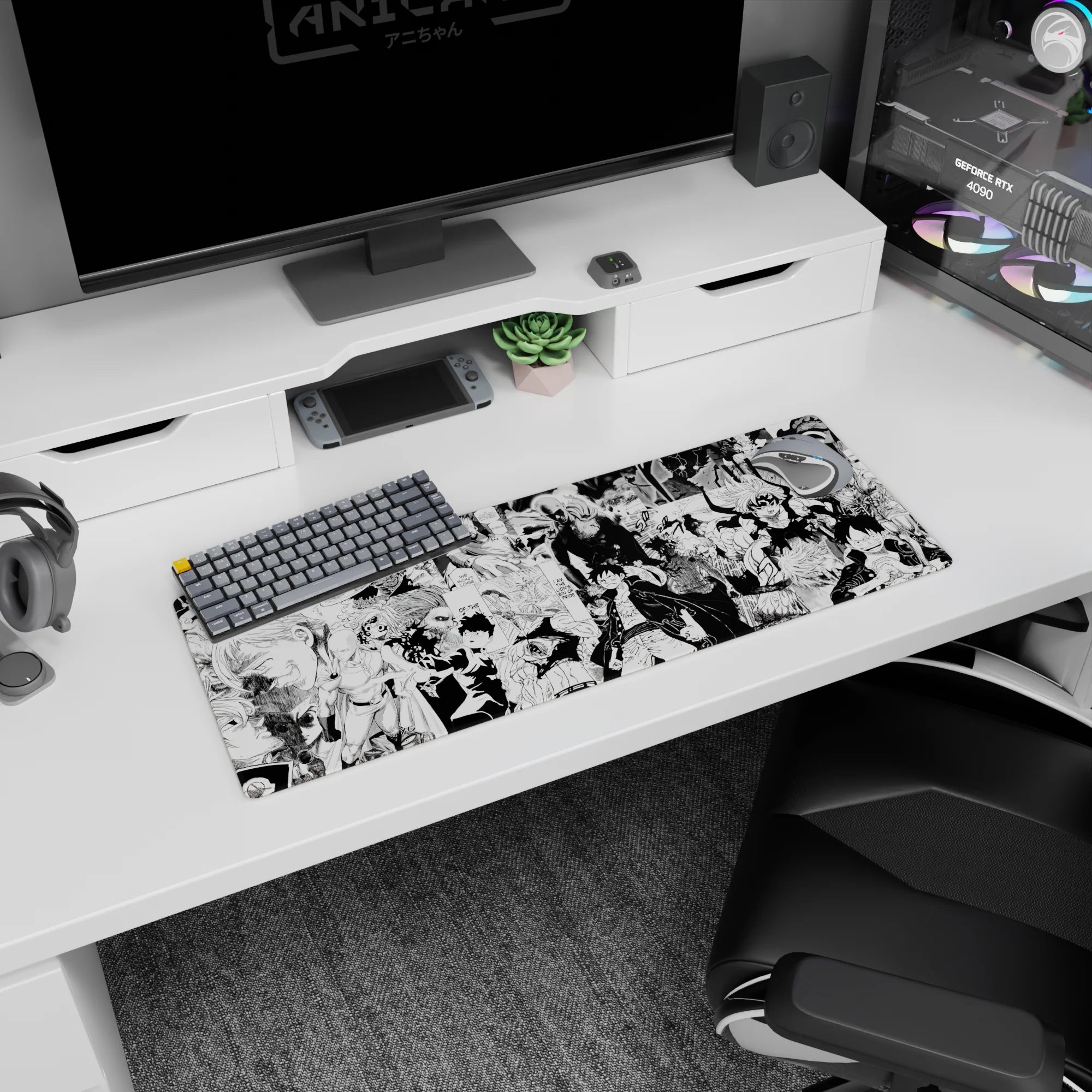 32x12 inches anime mouse pad showing bald fighter at left and caped brawler charging amid monsters.