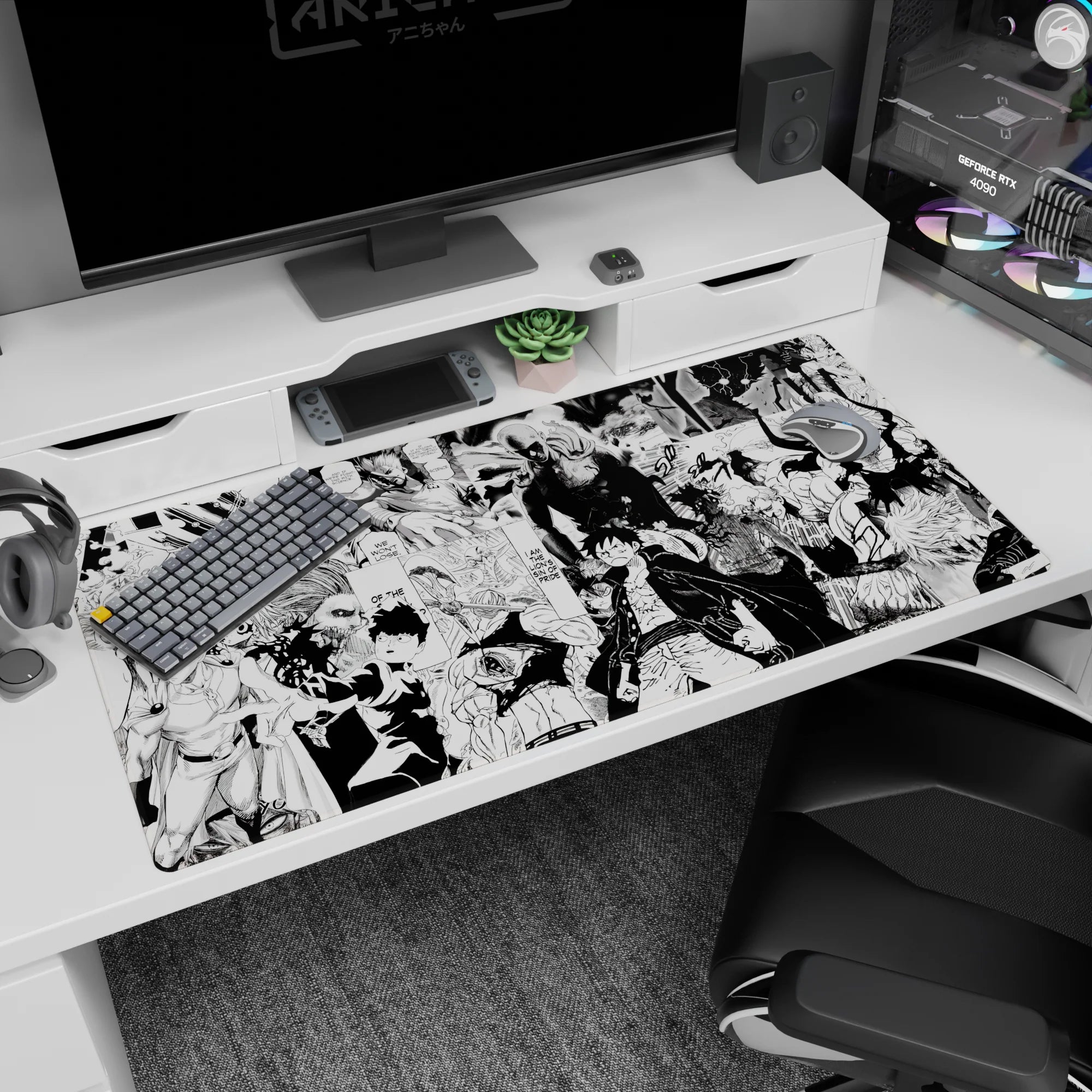 40x20 inches anime desk pad showing calm bald hero left and caped brawler charging into monsters.