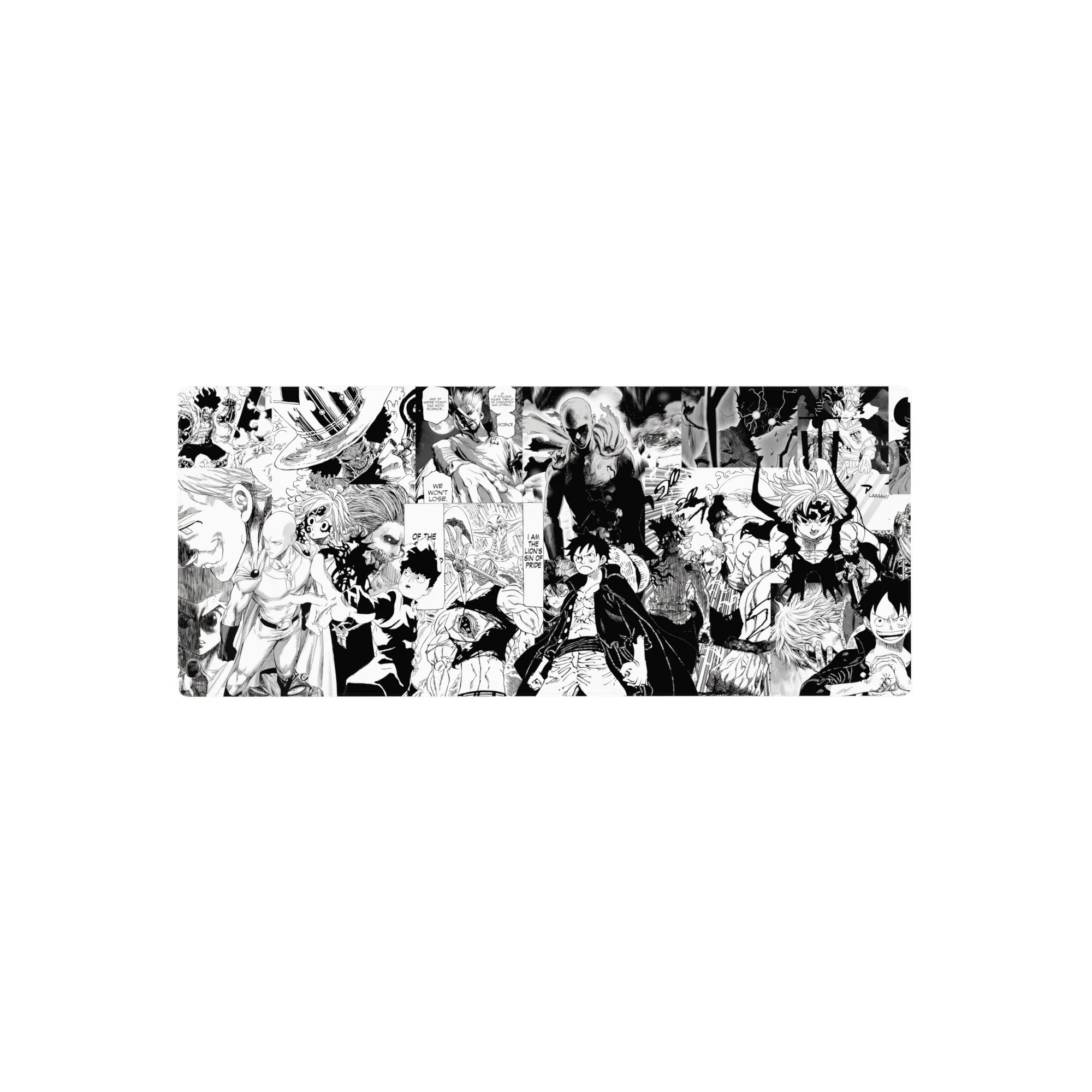 28x12 inches anime mouse pad with manga collage of heroes vs monsters, speed lines, bold ink panels.