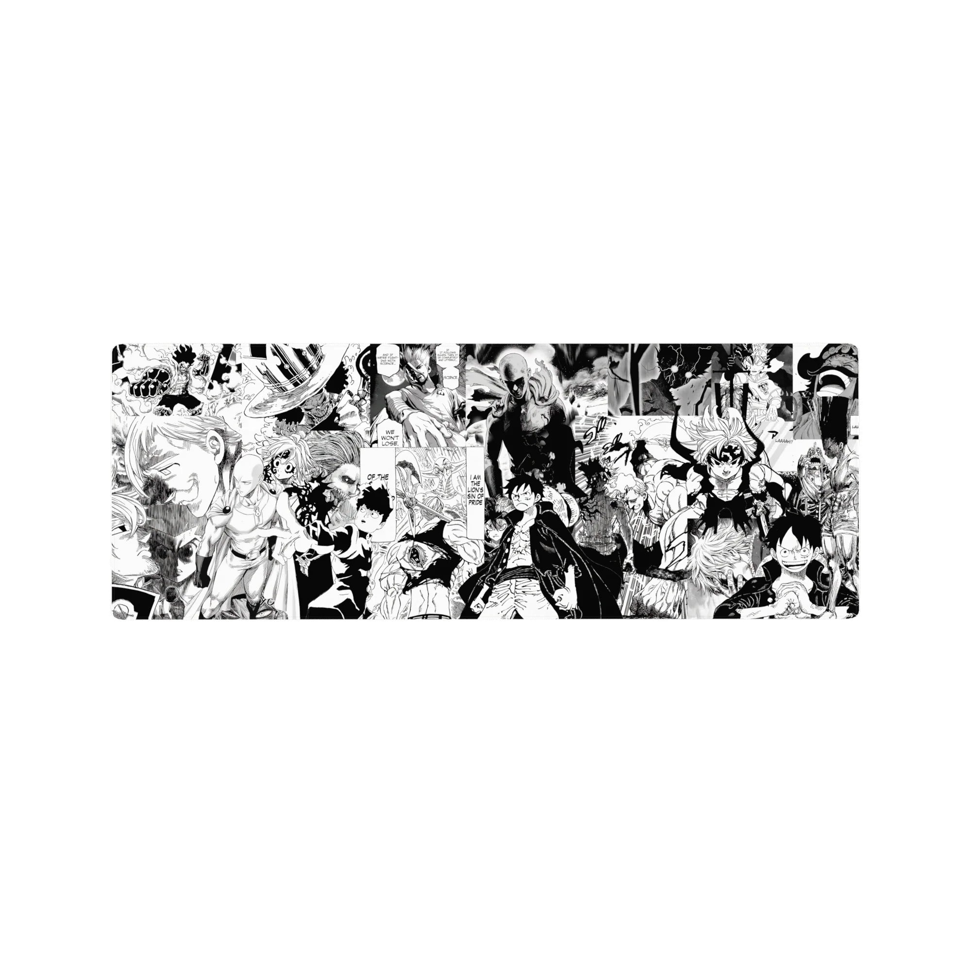 32x12 inches anime mouse pad with manga collage of heroes vs monsters, speed lines, bold ink panels.
