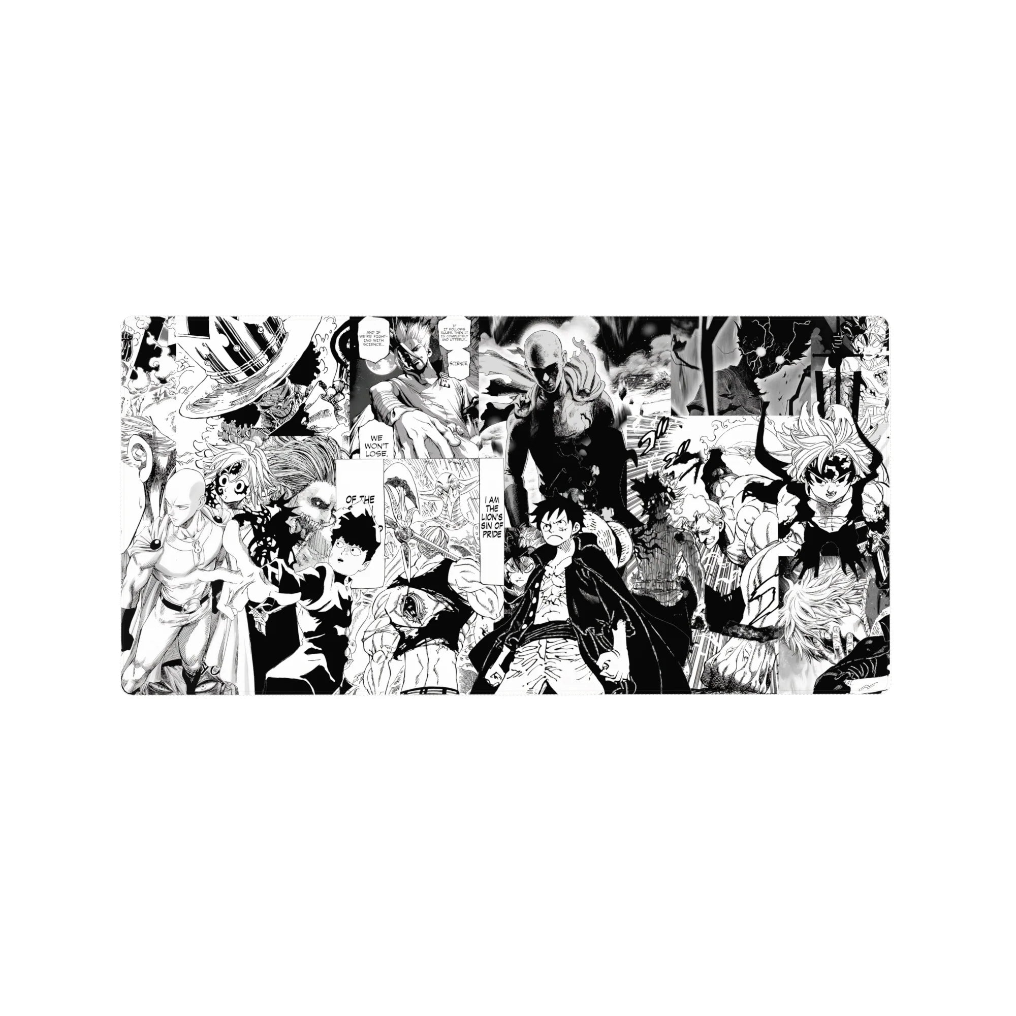 32x16 inches anime mouse pad with manga collage of heroes vs monsters, bold inks, speed-line action.