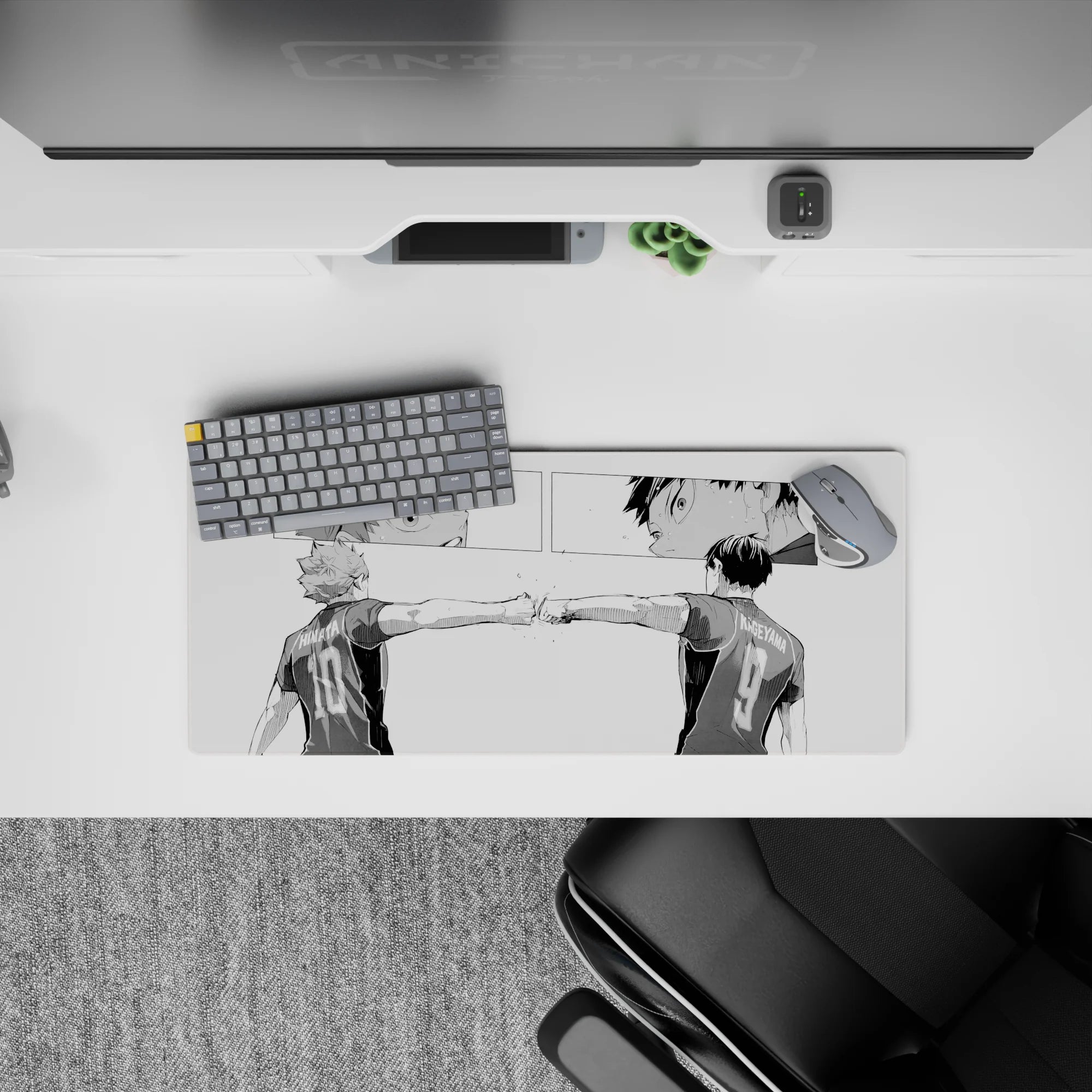 28x12 inches black-and-white anime mouse pad with crisp linework and intense, quiet teamwork vibe.