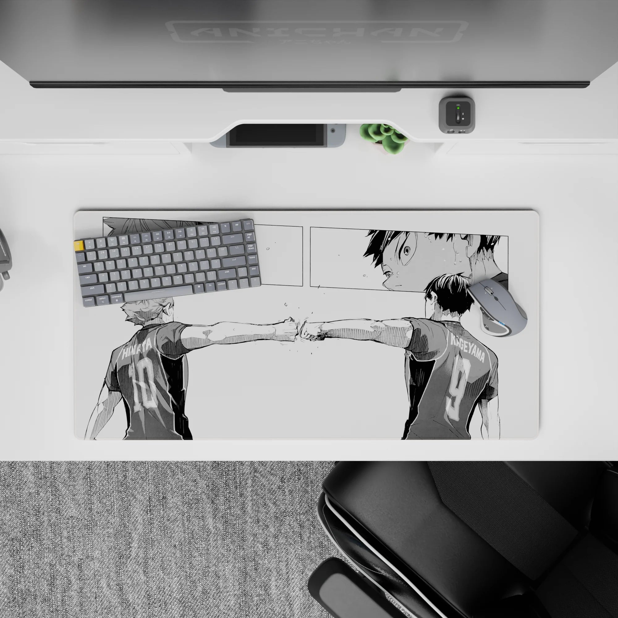 Black-and-white volleyball anime mouse pad with dramatic manga panels and intense mood, 32x16 inches.