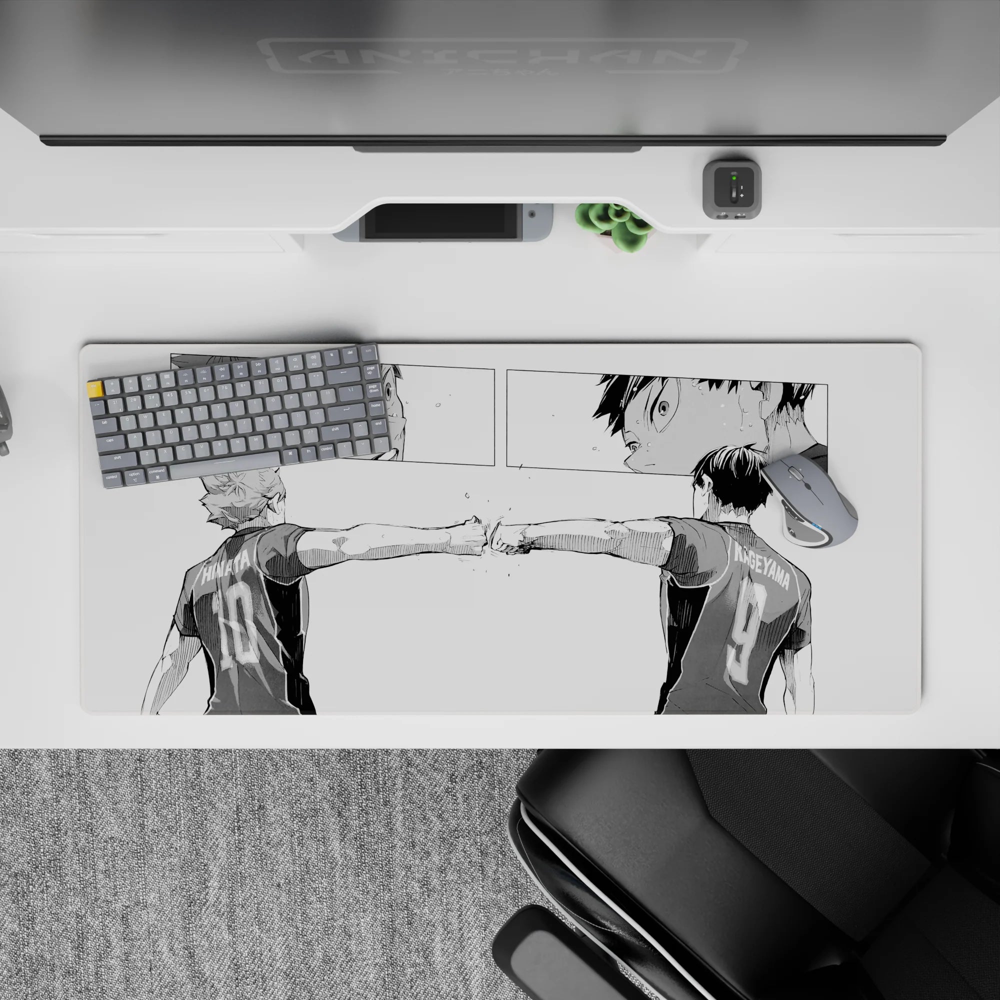 Black-and-white manga linework desk pad with intense teamwork vibe and sharp panels, 36x16 inches.