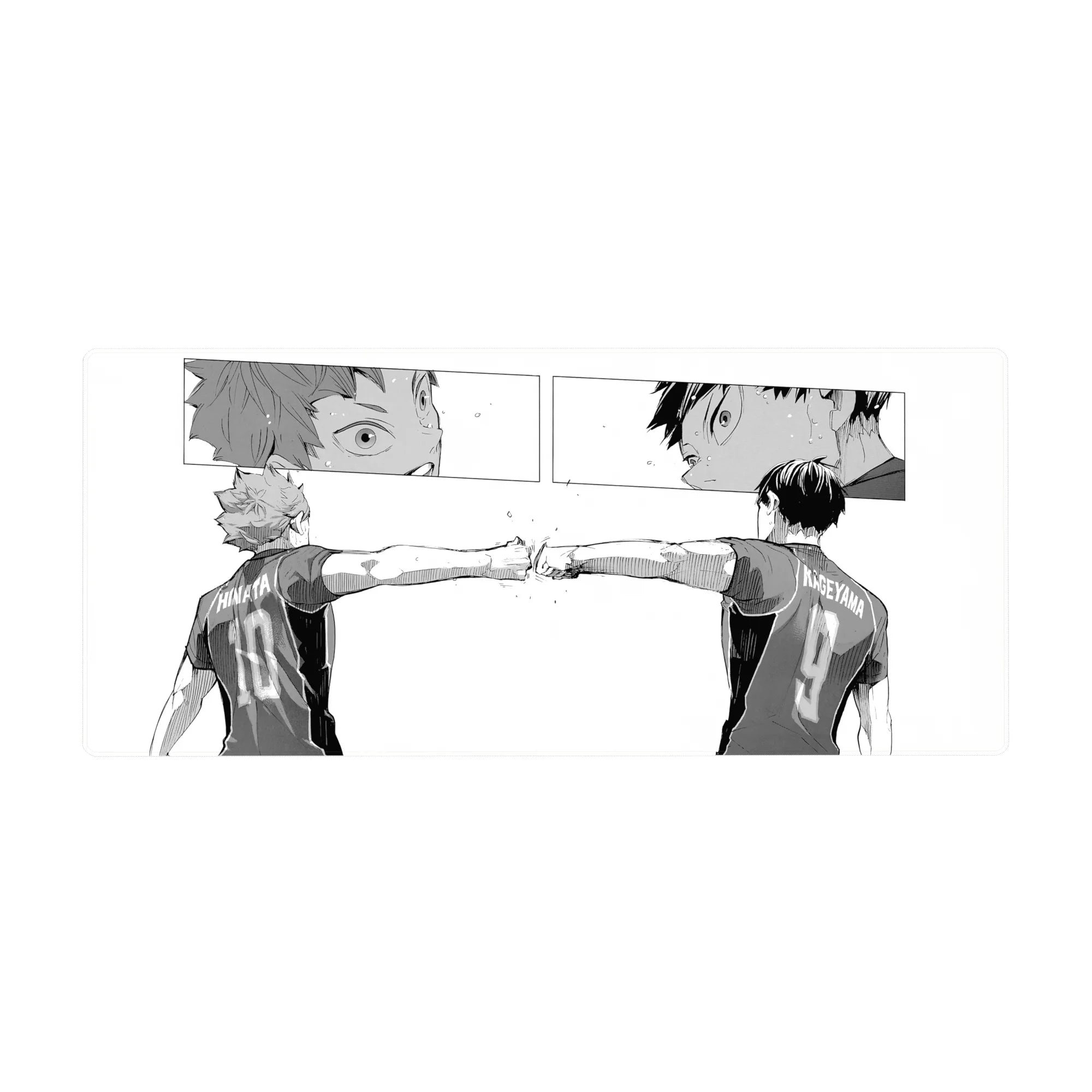Haikyu!! manga-style fist bump anime desk pad, black-and-white court scene, 36x16 inches.