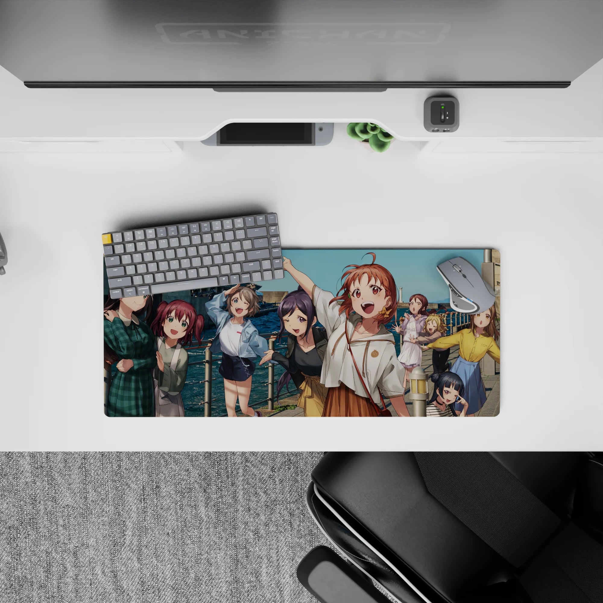 Anime girl mouse pad 28x12 inches in teal ocean and bright sky colors, cheerful weekend snapshot vibe.