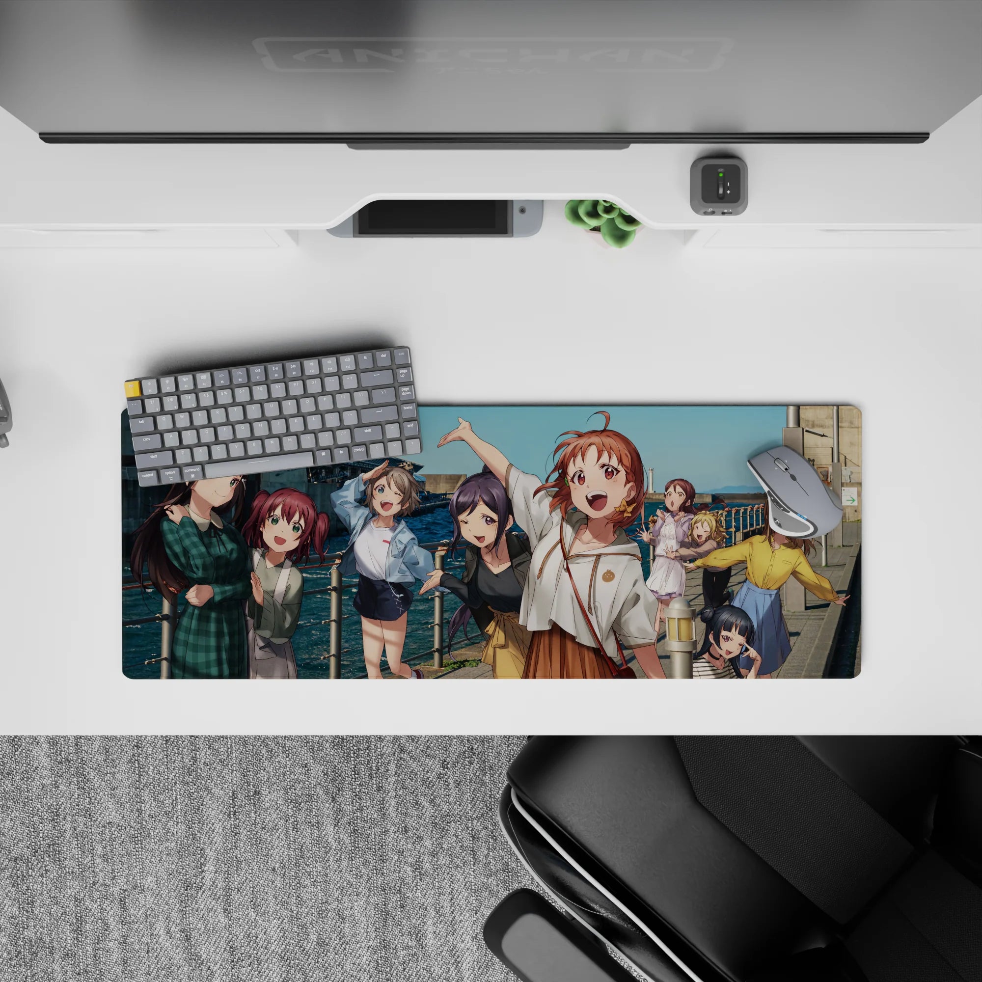 Anime girl mouse pad 32x12 inches in teal ocean and bright sky tones, sunny goofy weekend vibe.