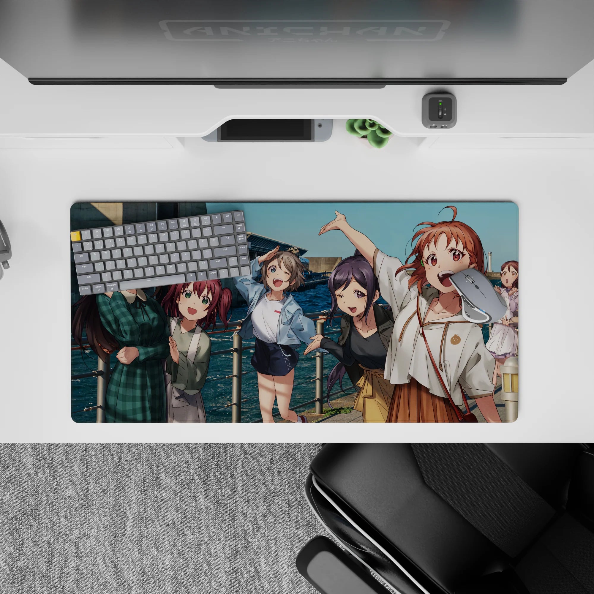 Teal ocean and bright sky anime girl mouse pad 32x16 inches, happy goofy energy with cozy plaid outfits.