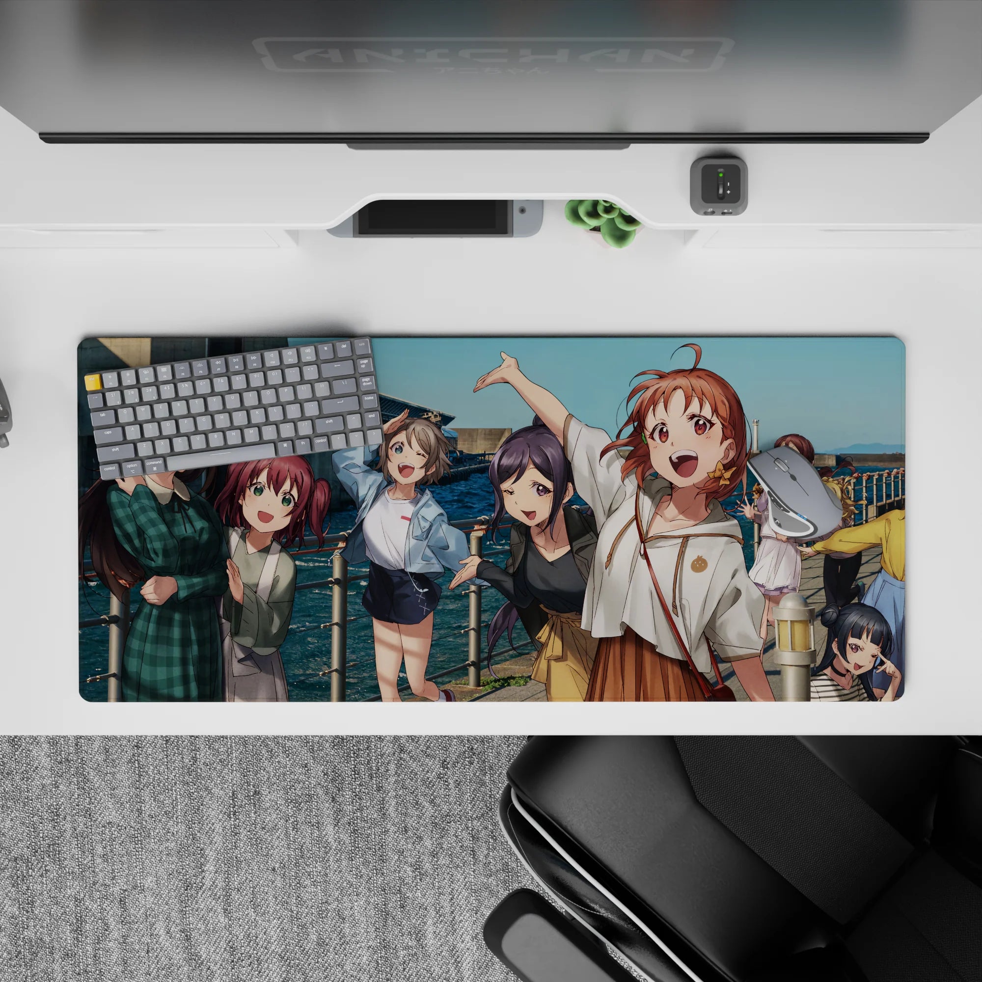 Teal ocean and bright sky anime girl desk pad 36x16 inches, cheerful weekend vibe with winks and grins.