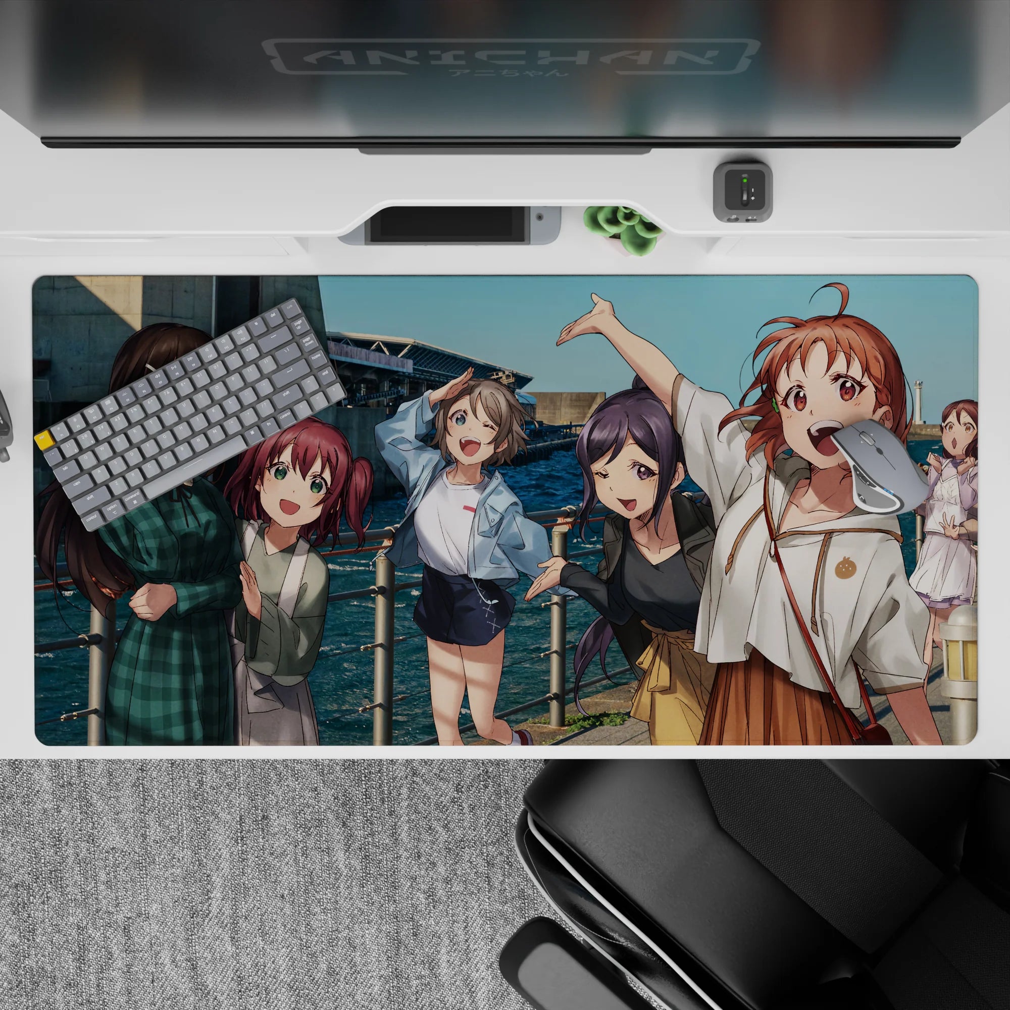 Teal ocean and bright sky anime girl desk pad 40x20 inches, sunny happy vibe with cute weekend energy.