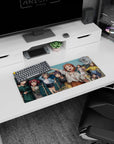 Anime girl mouse pad 28x12 inches showing a girl raising her arm by seaside railings as friends wink.